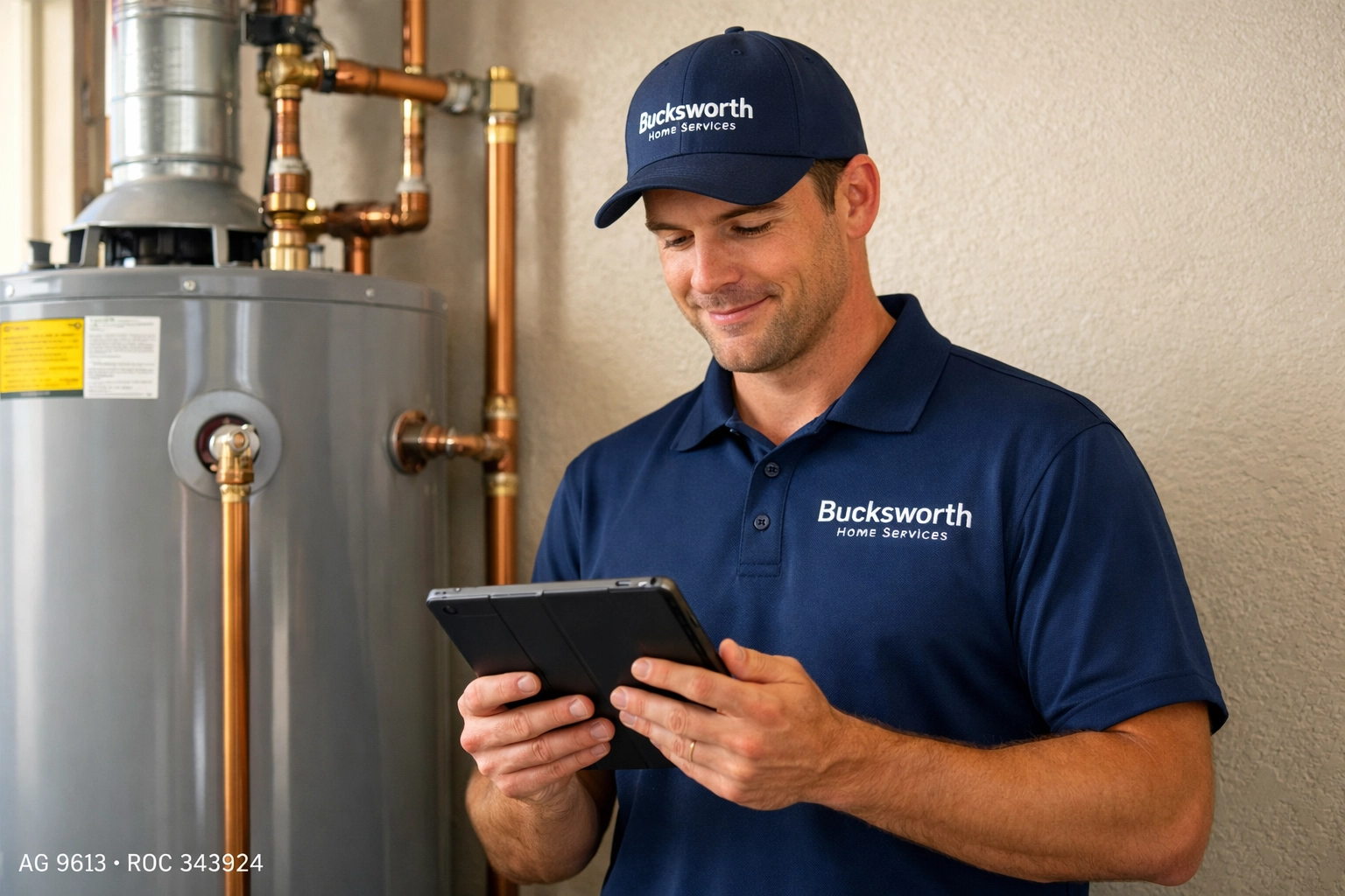 Bucksworth Home Services technician performing a professional plumbing inspection in a Tempe AZ home.