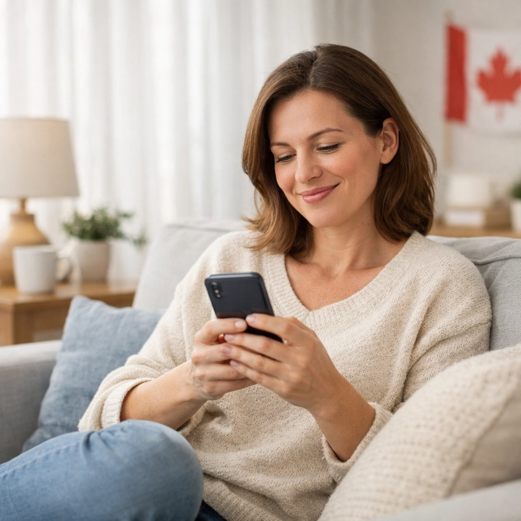 Person smiling at a smartphone after receiving an emergency loan Canada with bad credit.