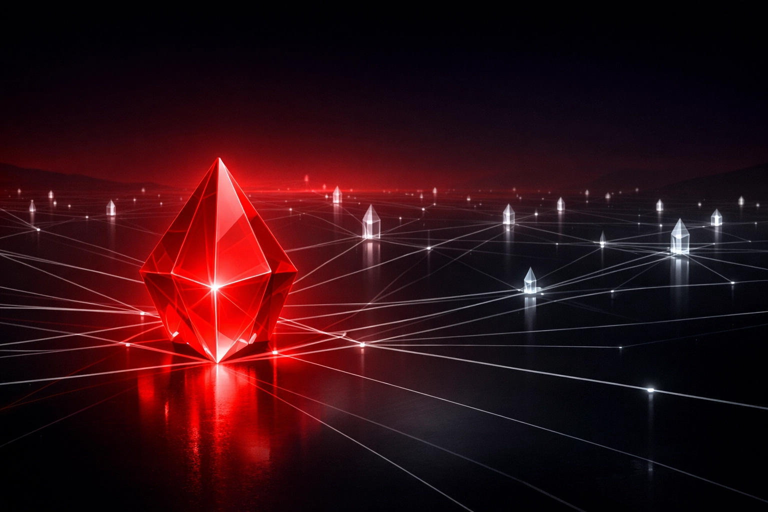 Connected digital nodes with a central red prism representing authority in AI search results.