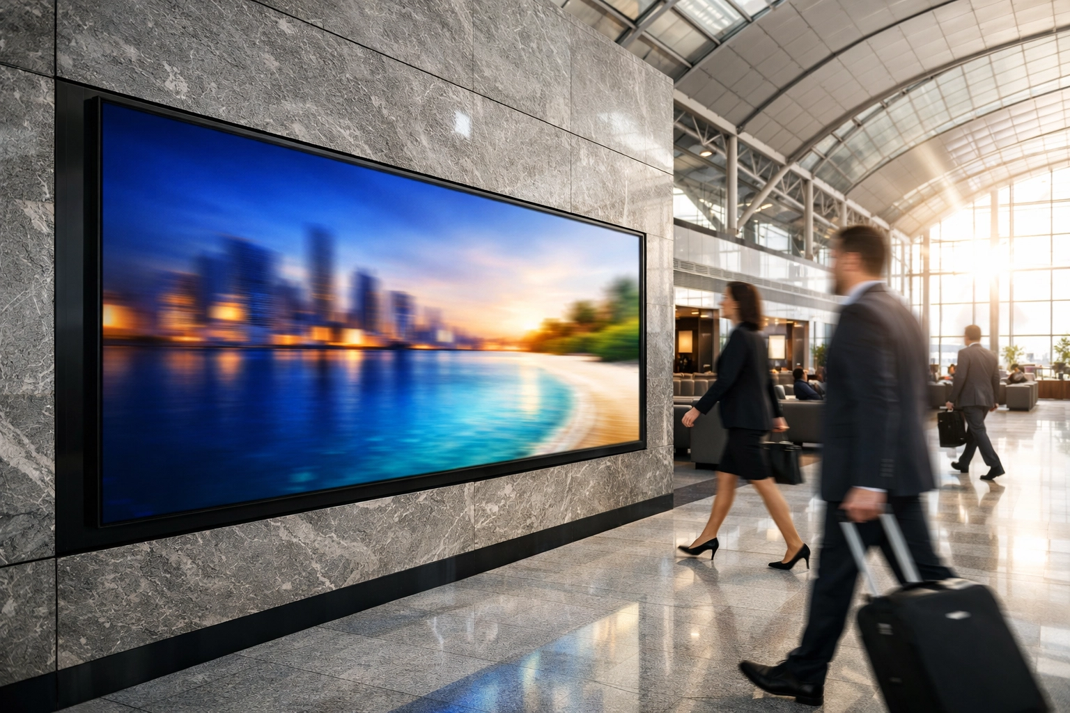 Premium digital media display in an airport terminal for strategic global brand placement and travel sector growth.