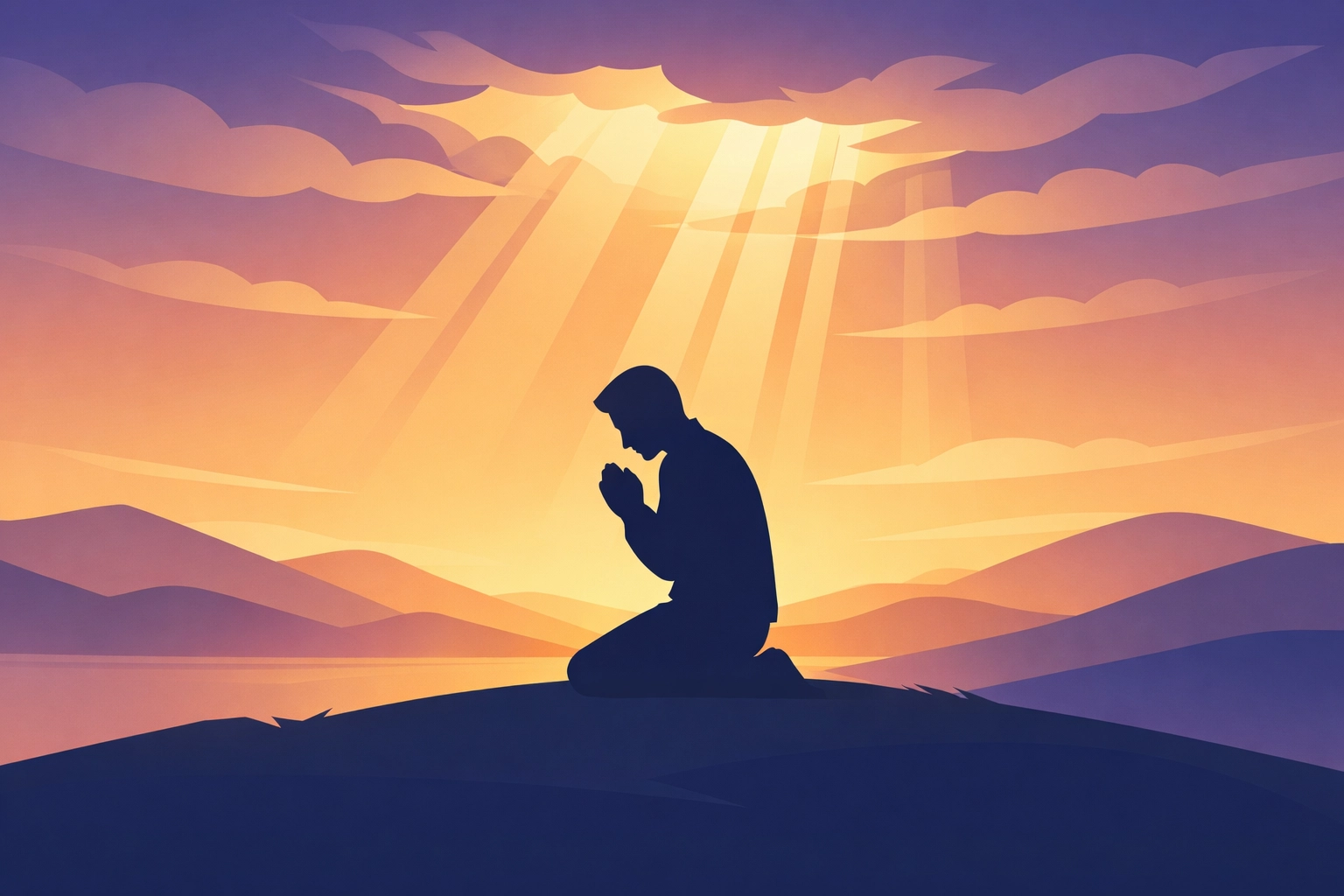 Person kneeling in prayer on hilltop with divine light breaking through clouds symbolizing God's healing nature