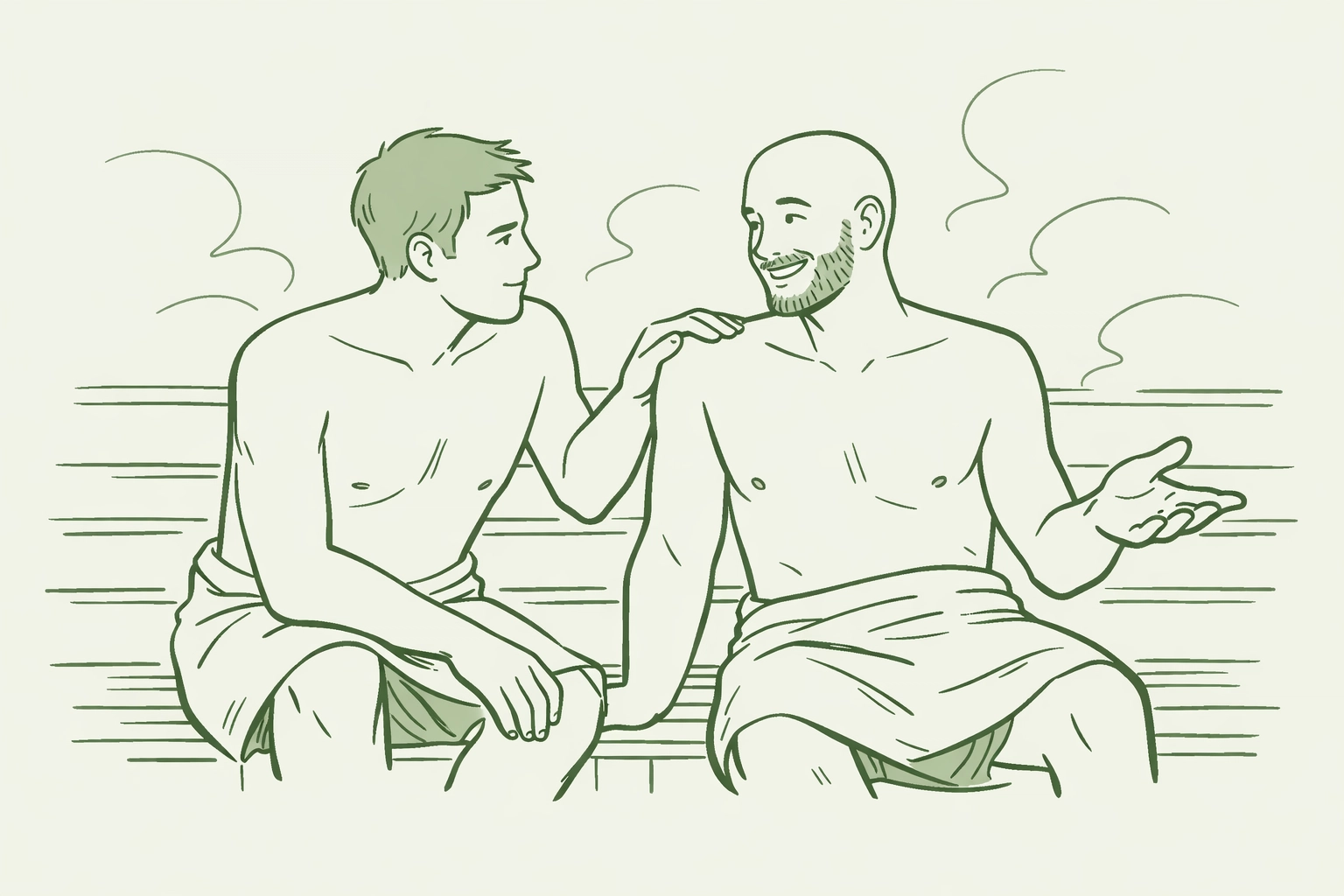 Two men demonstrating consent and respectful communication etiquette in a gay sauna setting