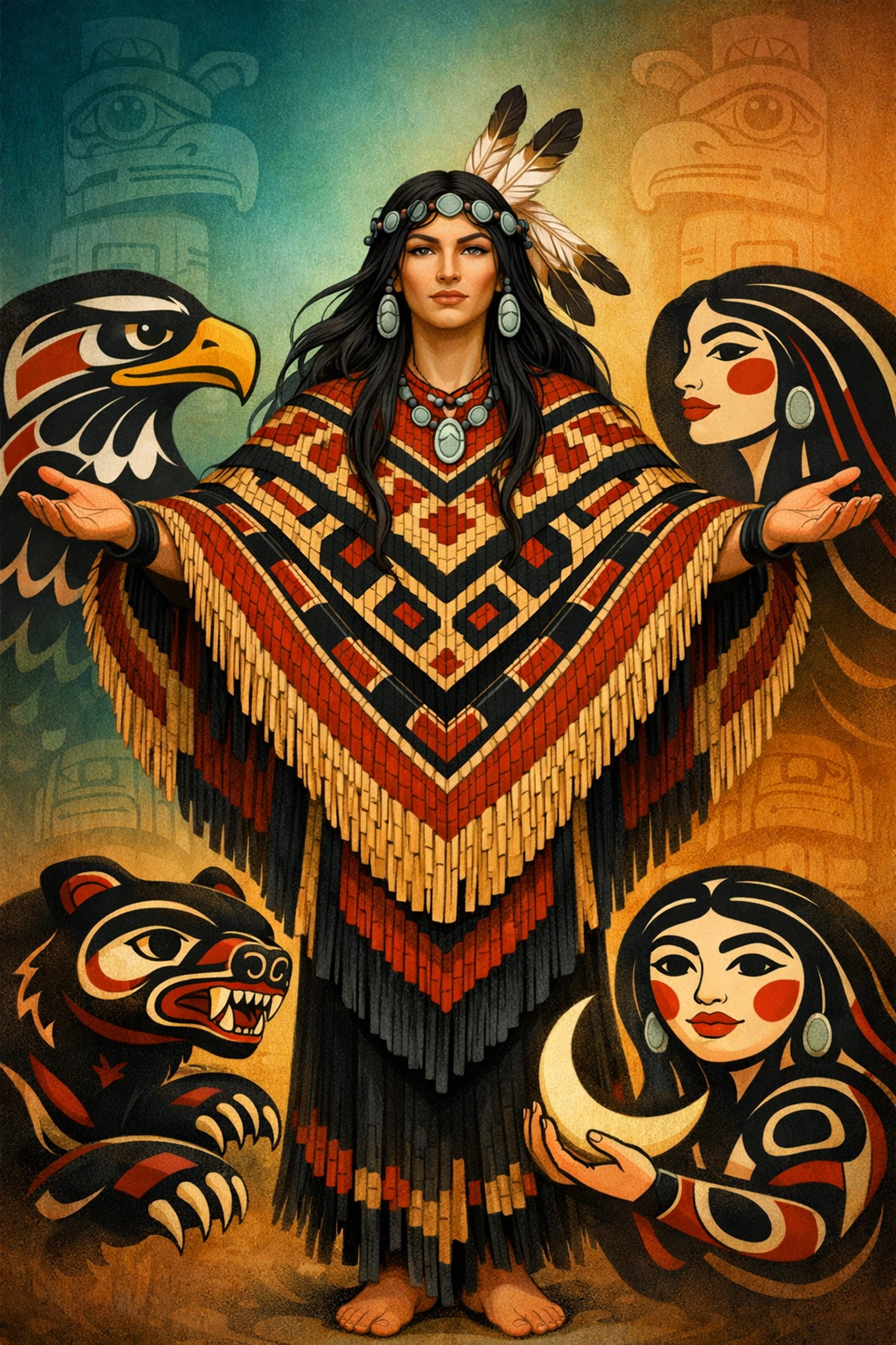 Two-Spirit healer in traditional Pacific Northwest regalia representing gender-diverse Indigenous traditions