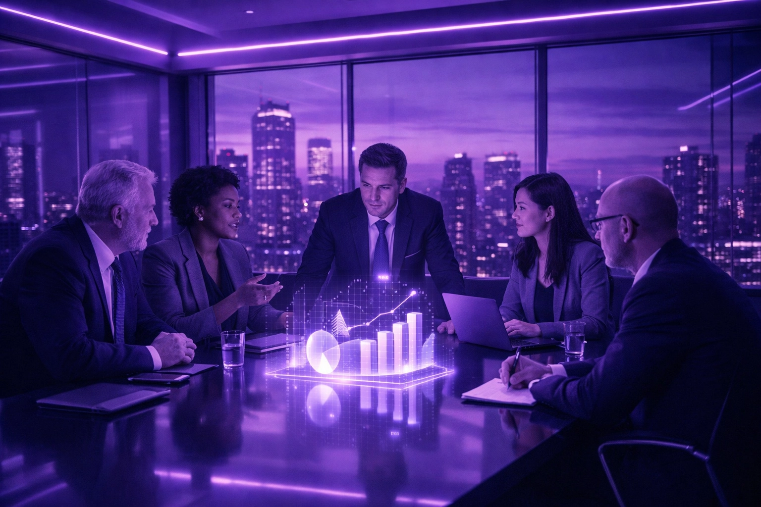 Executives collaborating in a purple-lit office on enterprise AI business implementation.
