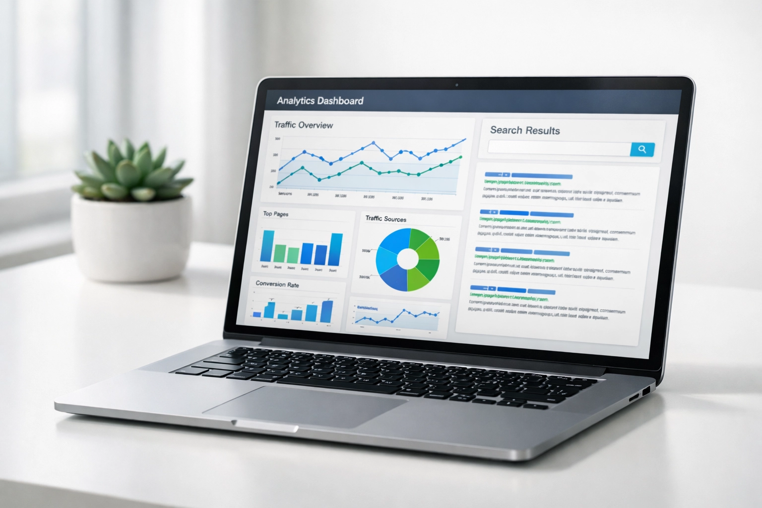 SEO analytics dashboard on laptop showing search rankings for personal injury law firm
