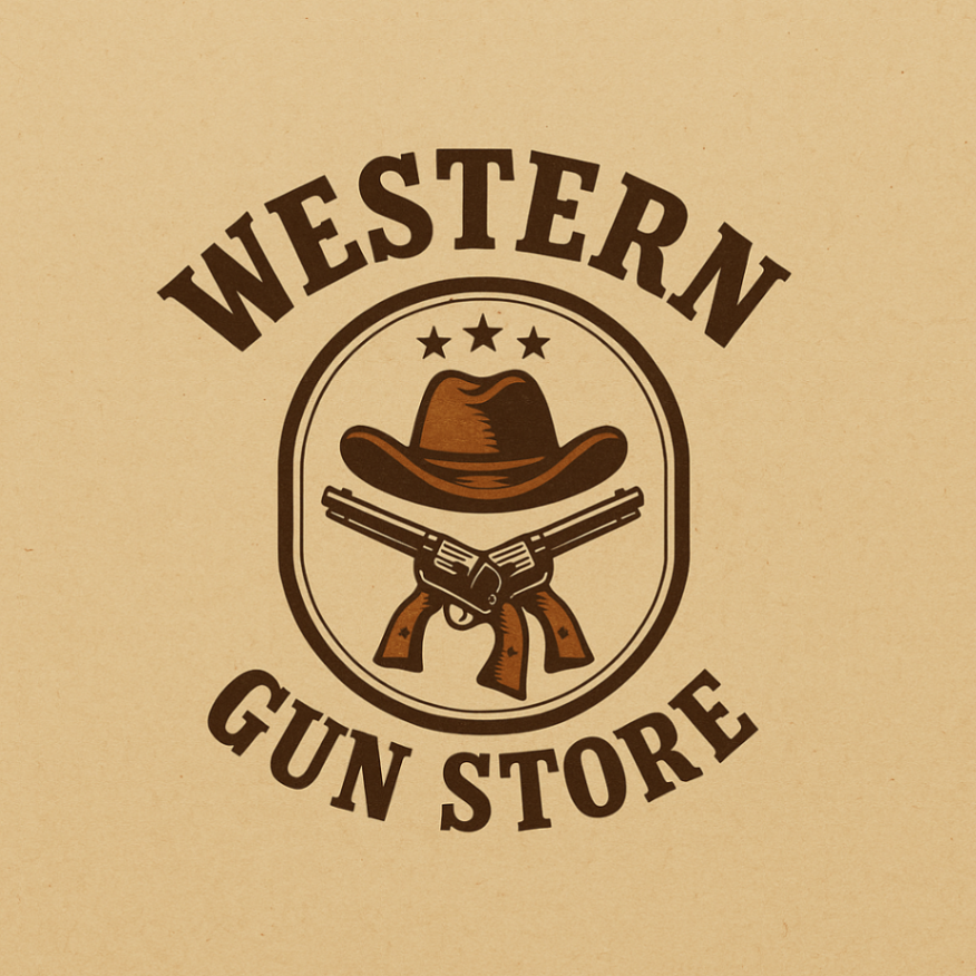 Brown Western Gun Store Logo A logo featuring a cowboy hat above two crossed classic revolvers, with three stars above the hat, all enclosed in a circular badge on a tan background. Bold 'WESTERN GUN STORE' text surrounds the image, emphasizing the Wild West theme.