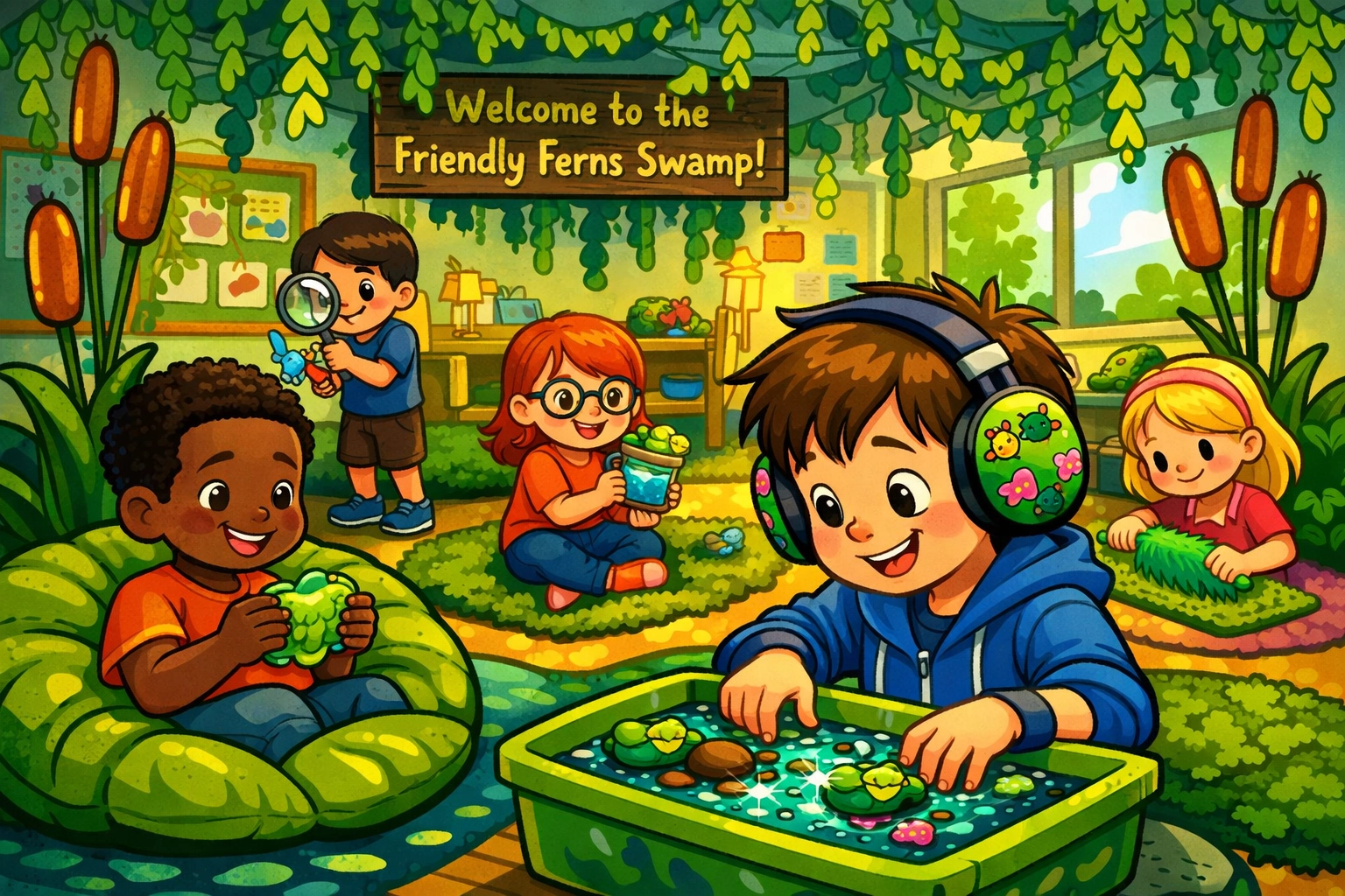 Students exploring an inclusive swamp-themed classroom with sensory lily pads and headphones.