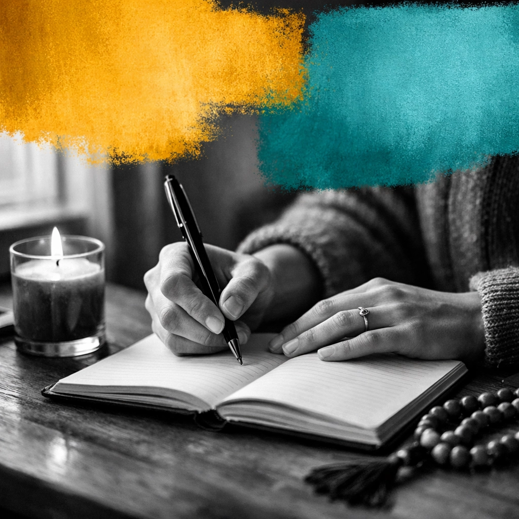 Hands journaling with candle and prayer beads showing spiritual mindfulness practices