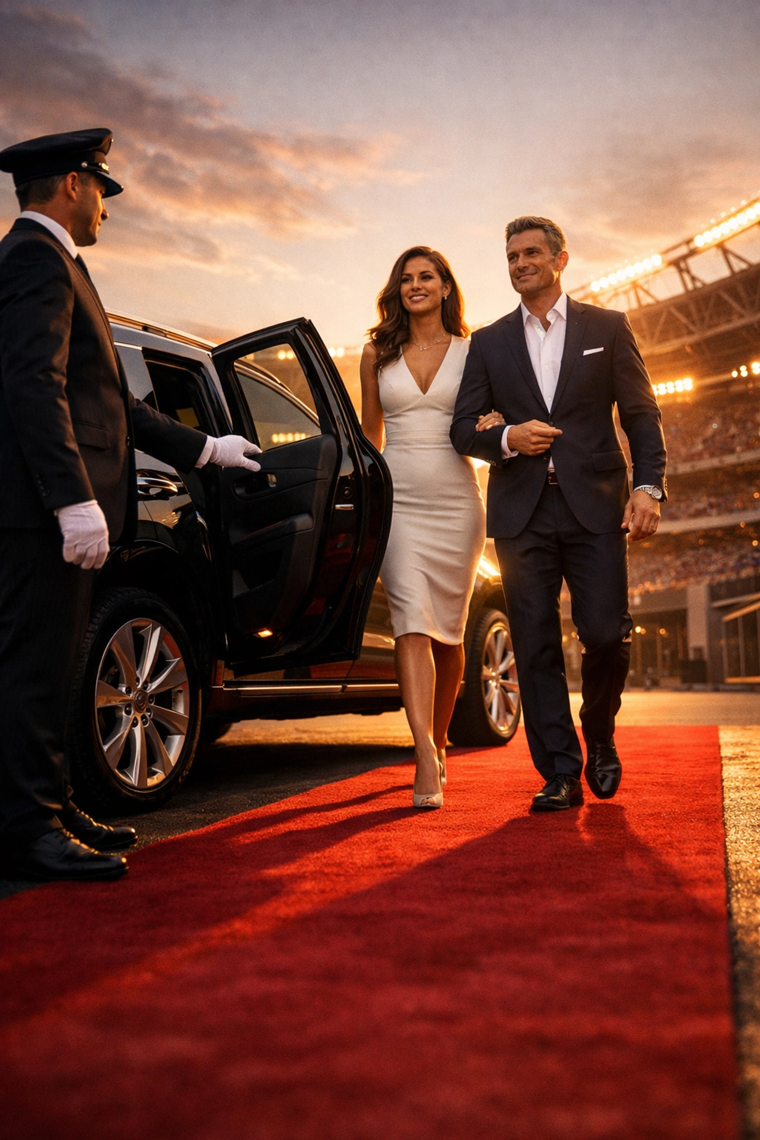 VIP executives arriving at Super Bowl in luxury chauffeur service and red carpet