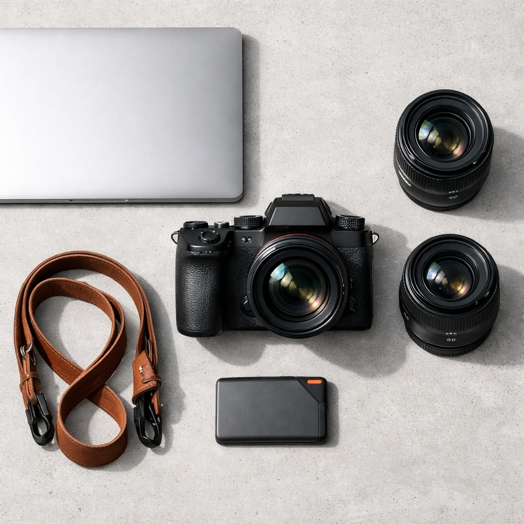 Modern photography equipment and mirrorless cameras essential for a professional workflow.