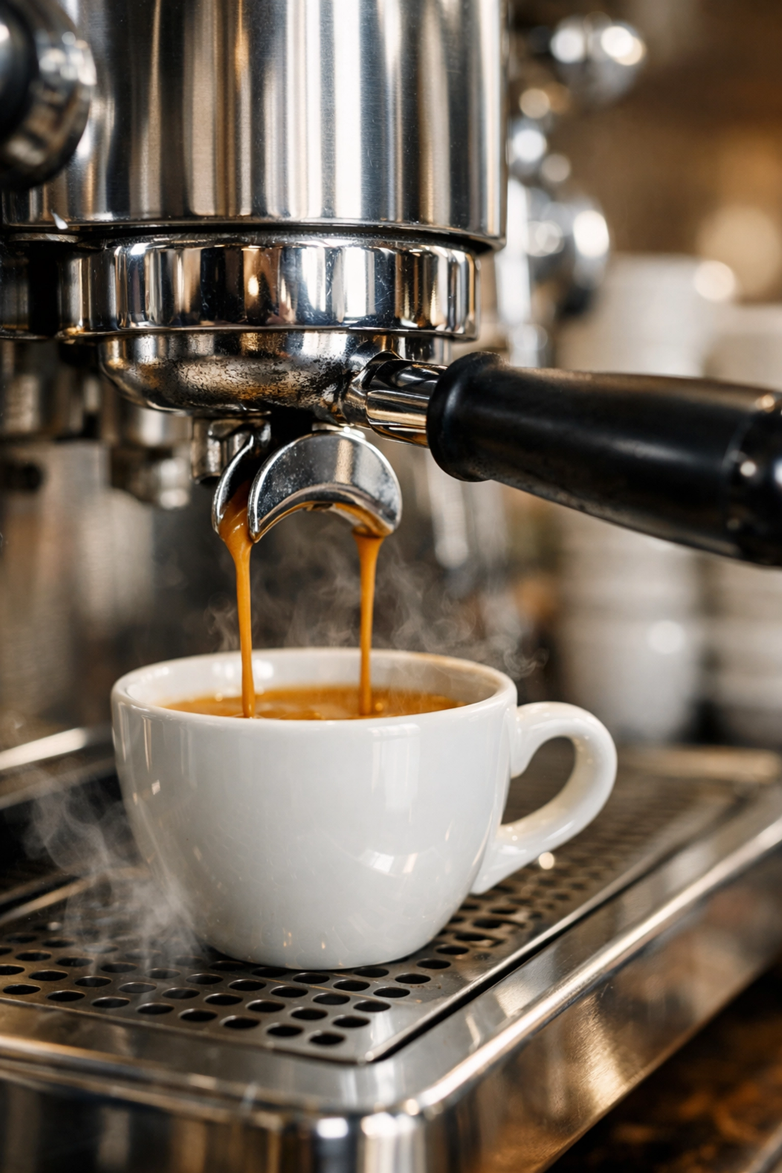 Commercial espresso machine pulling a double shot into a ceramic cup in a specialty coffee shop.