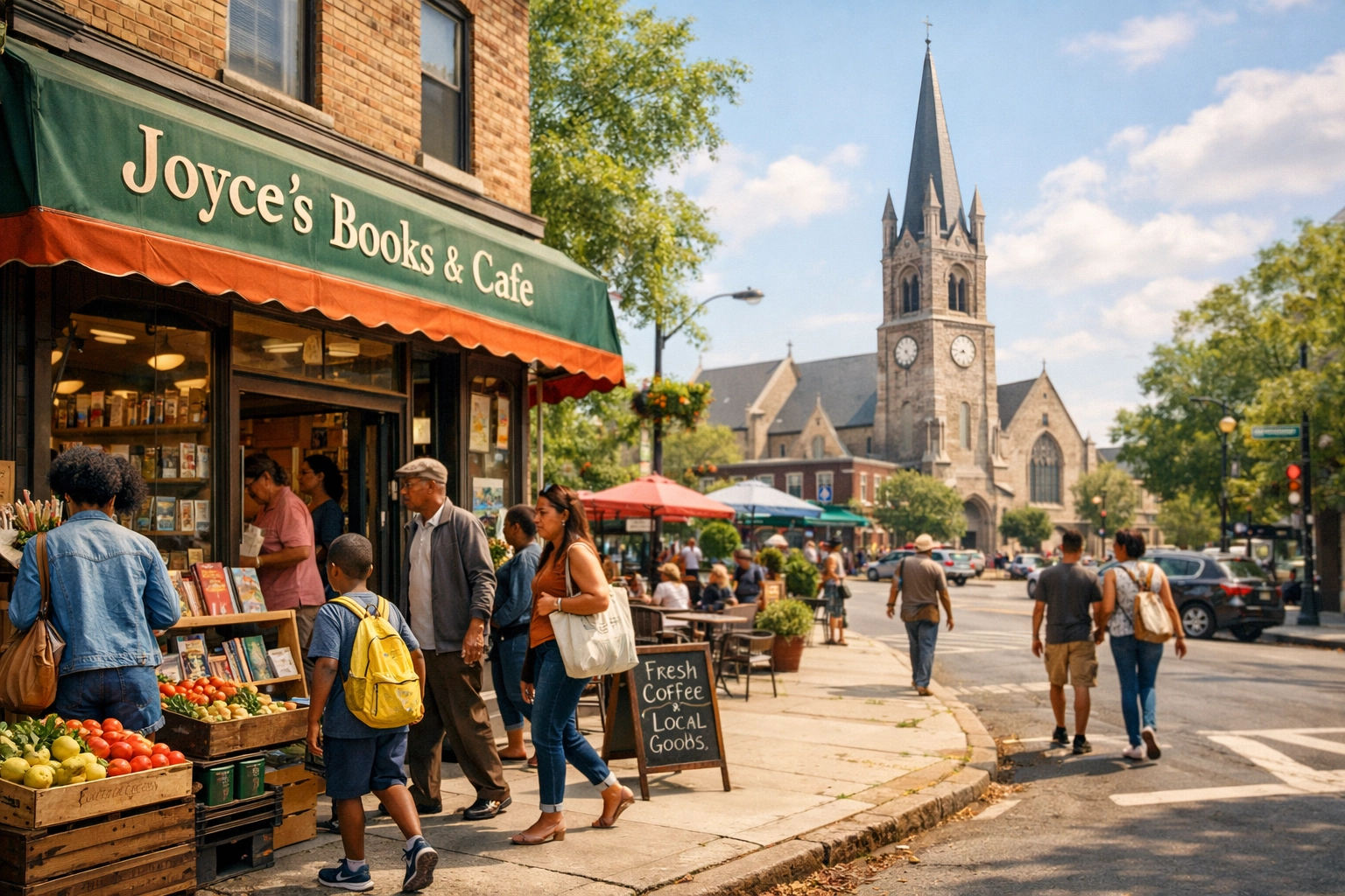 A thriving Black-owned business in a neighborhood with a church nearby, representing community wealth building.