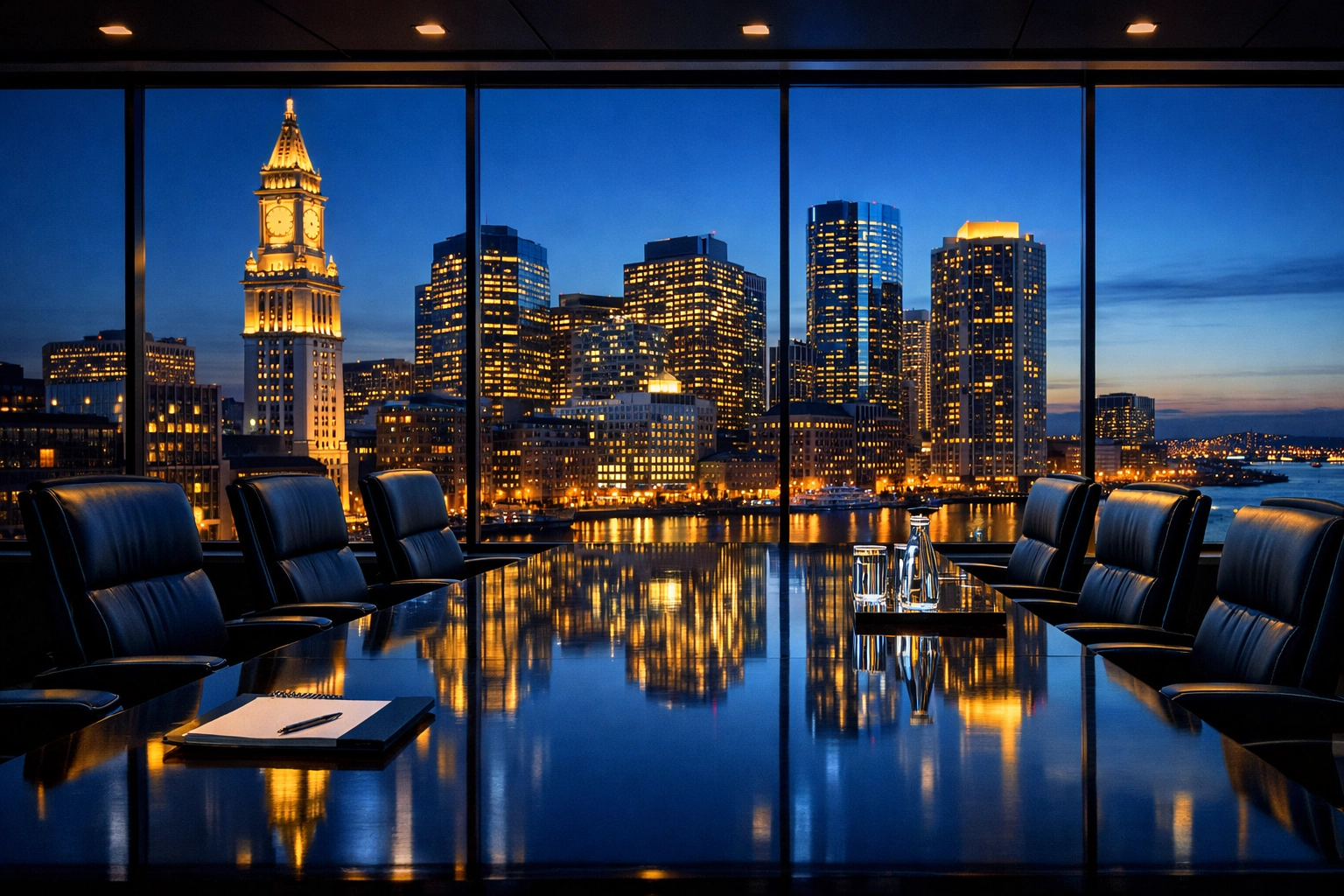 Executive Boston boardroom with a skyline view after thorough commercial cleaning Boston MA.