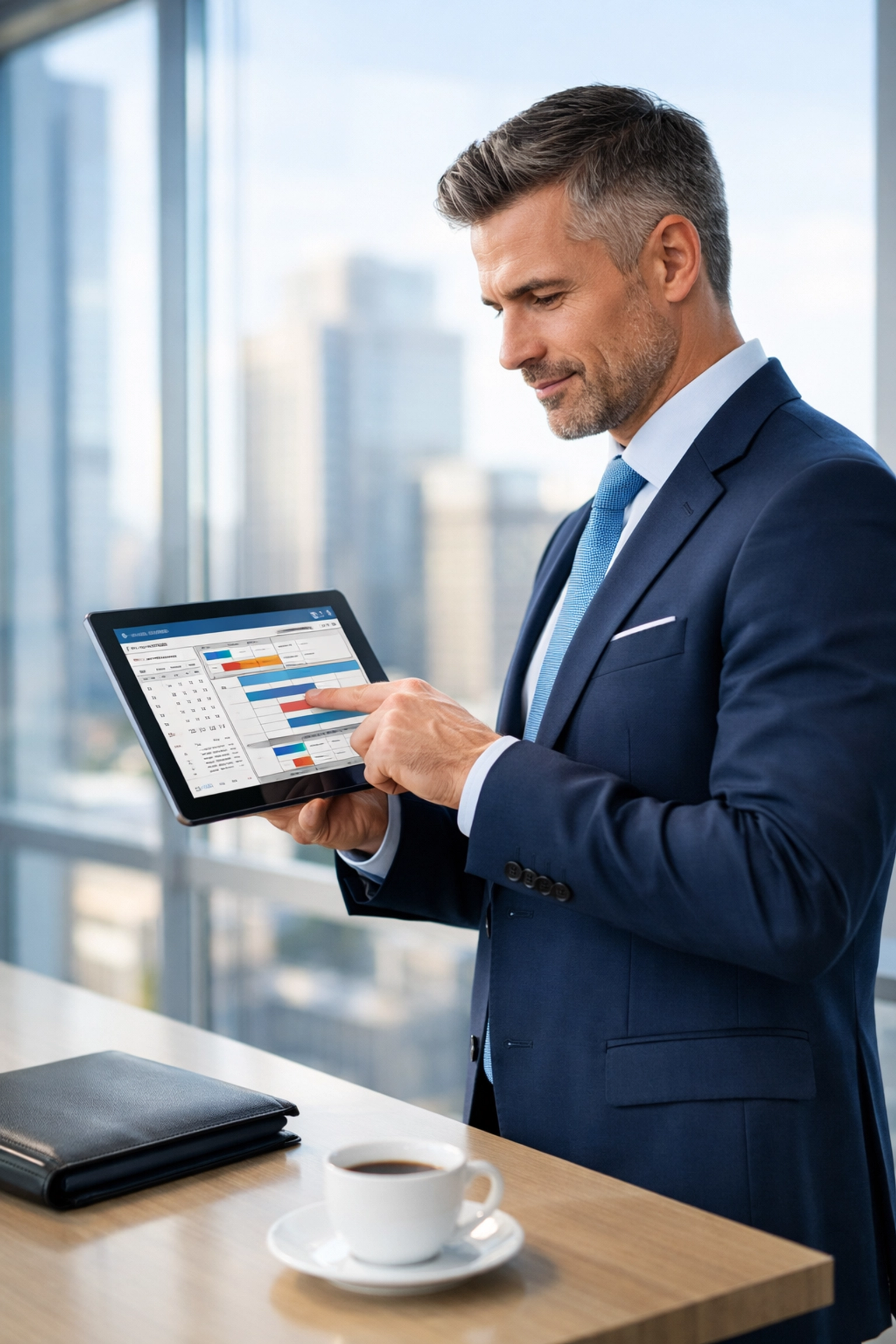 Executive managing synchronized Super Bowl travel schedules on digital tablet