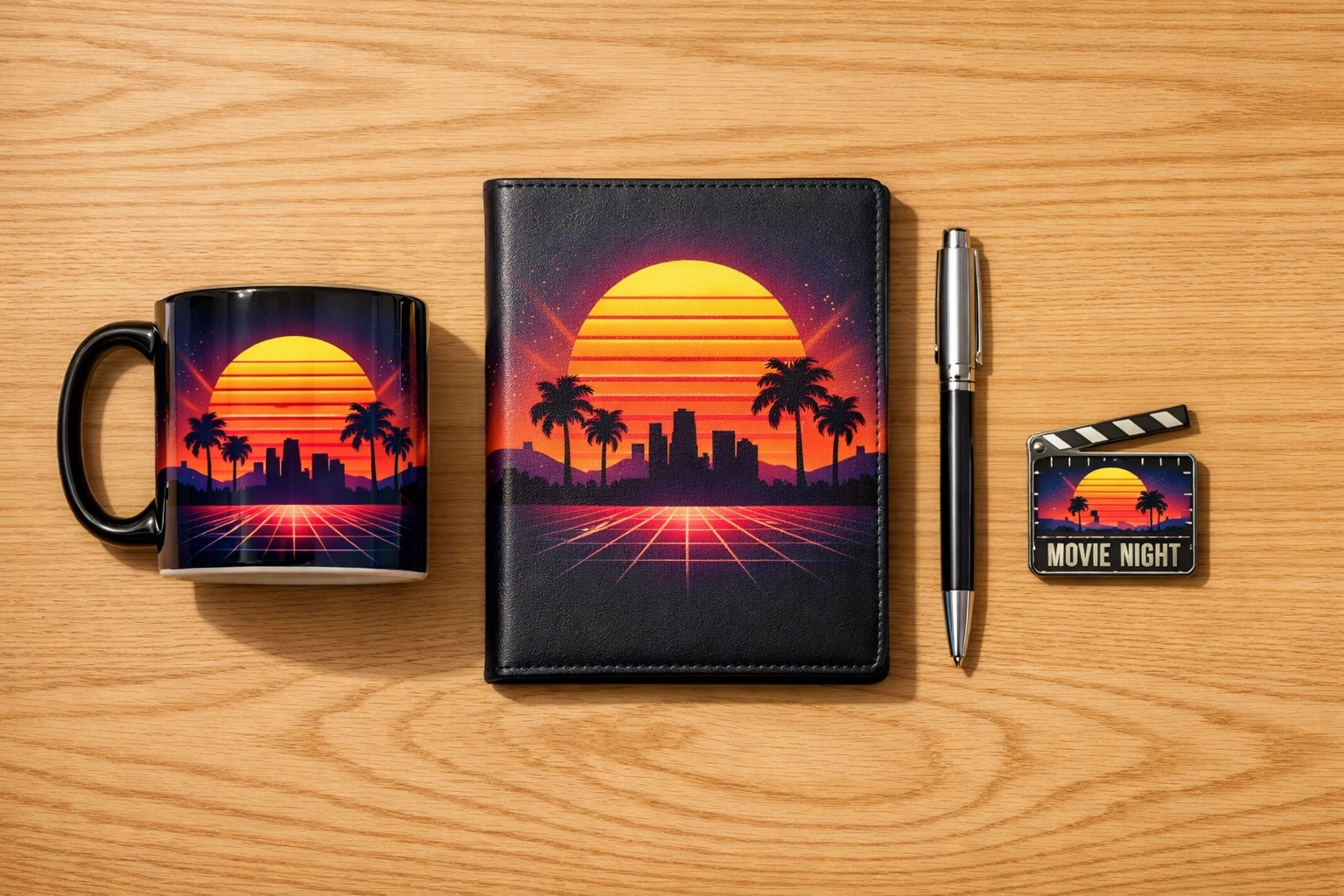 A curated gift set for movie lovers including a vibrant themed mug, journal, and desk accessories.
