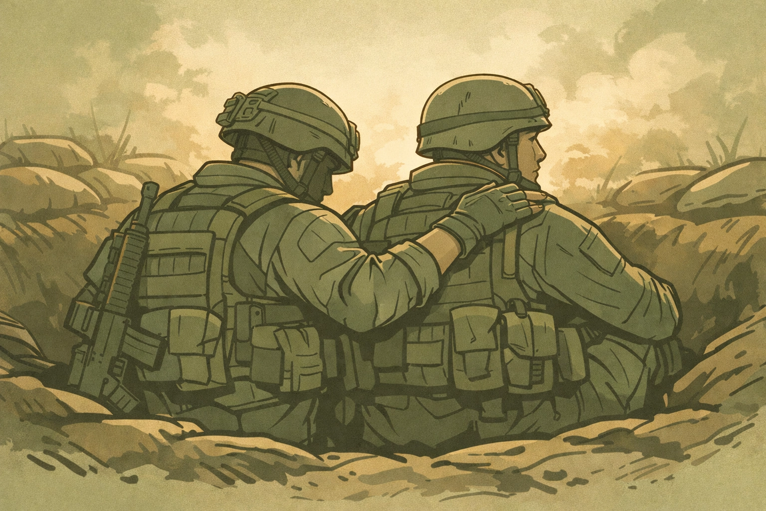 Two male soldiers in foxhole supporting each other during combat - MM military romance