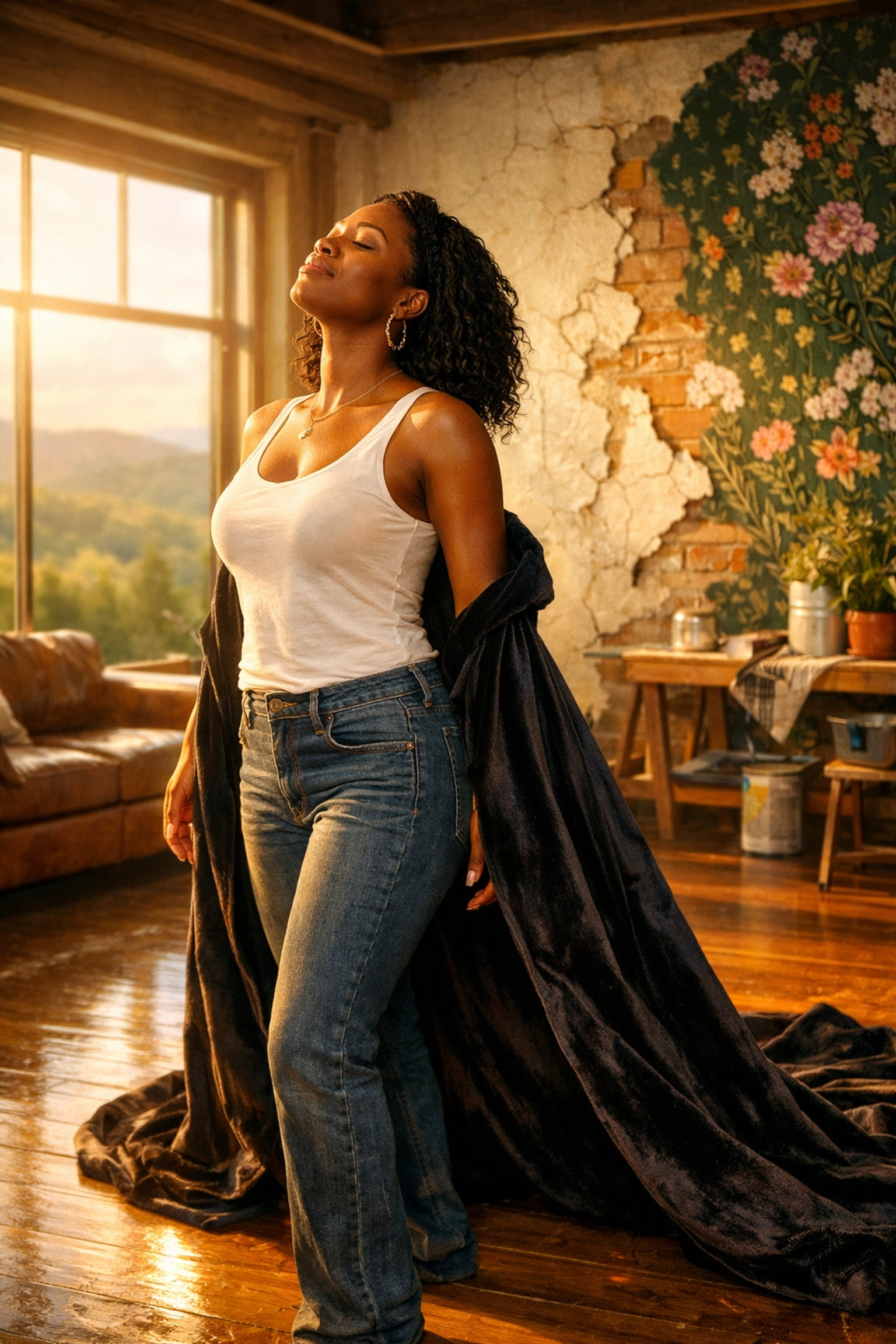 A Black woman in a Tennessee loft removing a heavy cape, representing mental health and deep healing through online therapy.