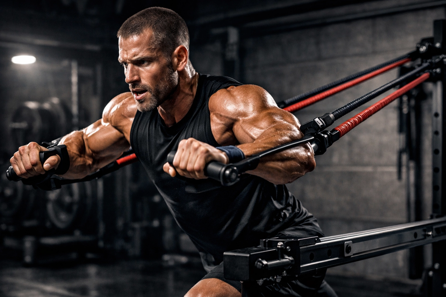 Athlete using the Resistance Rail floor to ceiling gym for constant tension resistance training.