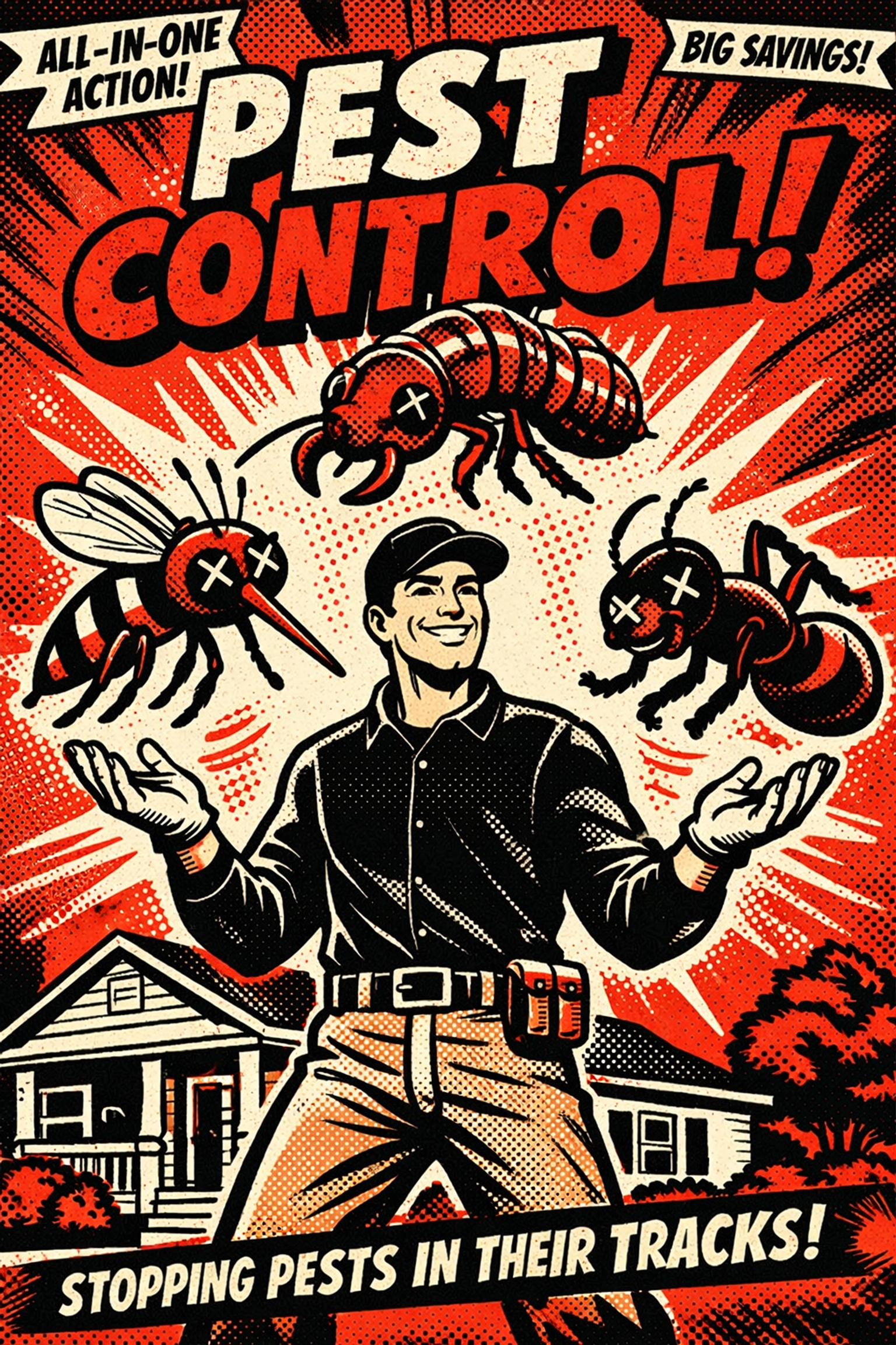 Pest X technician juggling a mosquito, termite, and ant to show a complete pest control bundle plan.