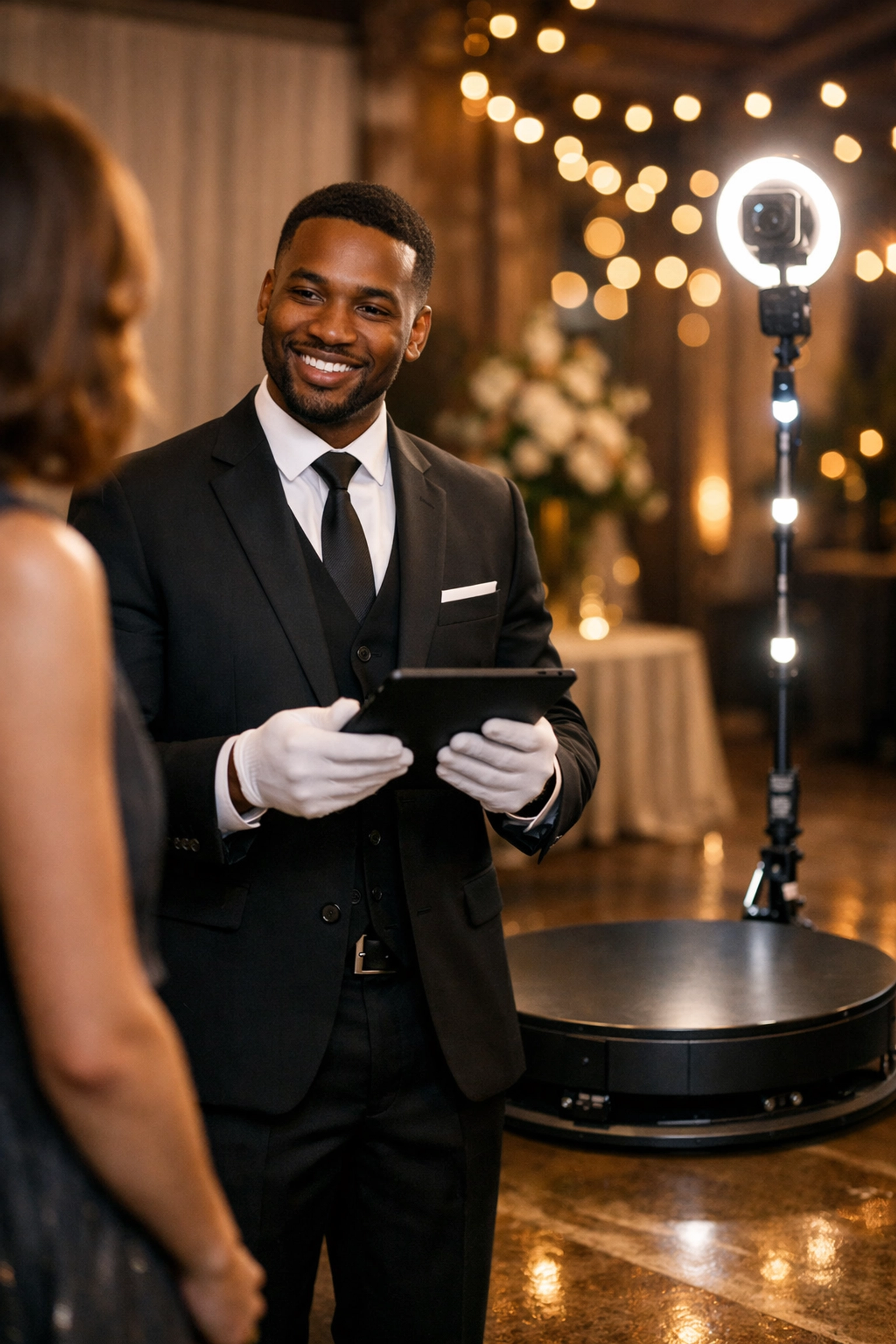 A professional attendant assisting a guest at a 360 photo booth, highlighting our white-glove event service.