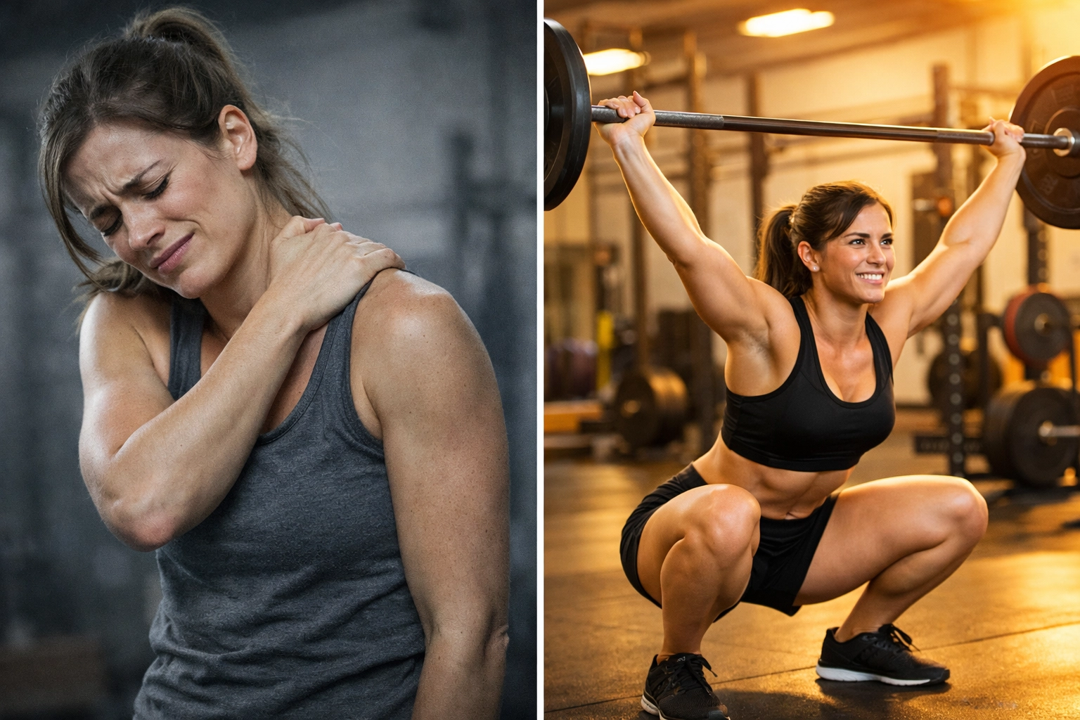 Female athlete transformation showing improved mobility and overhead squat form after chiropractic care