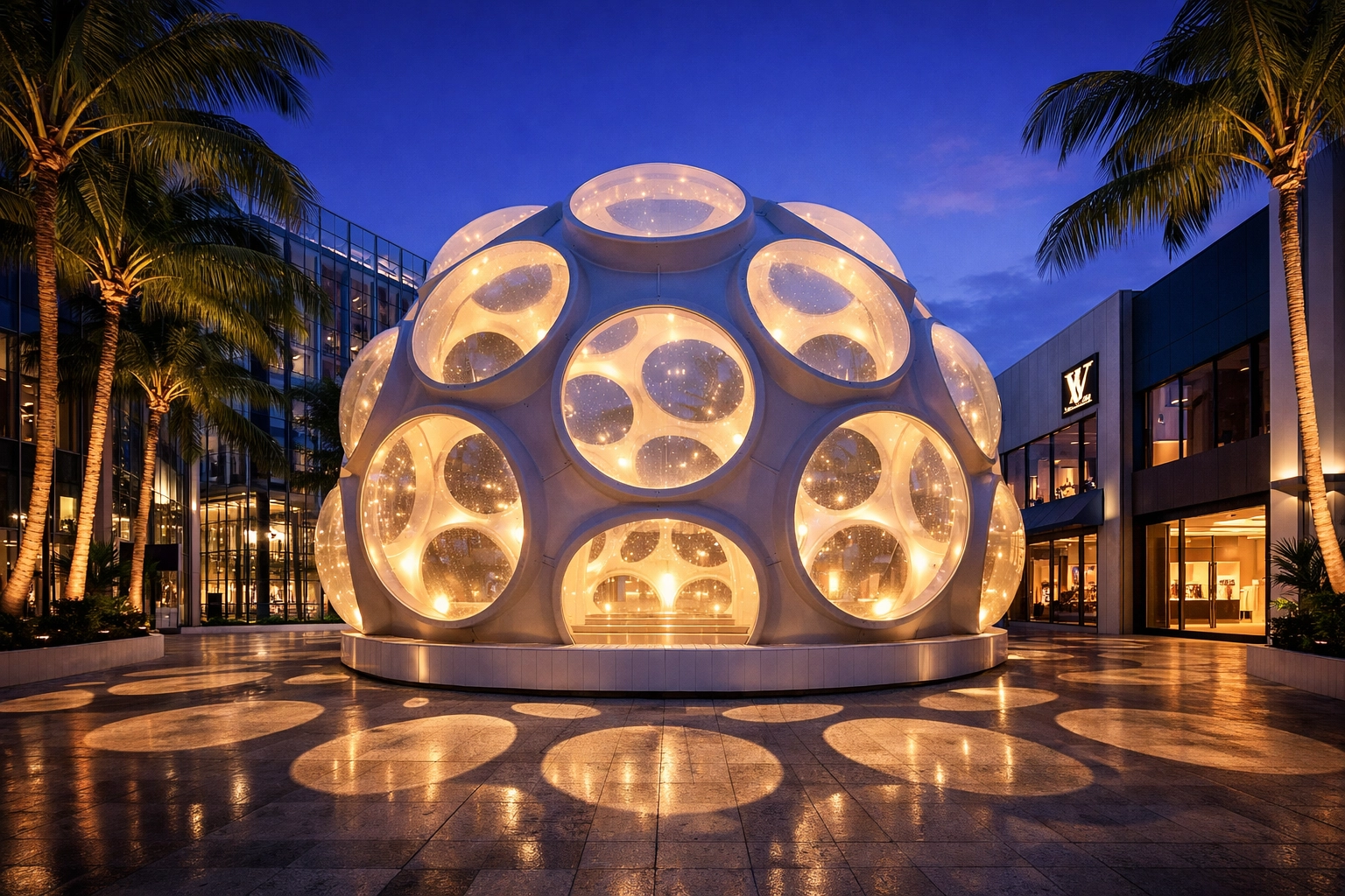 Architectural fine art photography of the Fly’s Eye Dome in the Miami Design District at twilight.