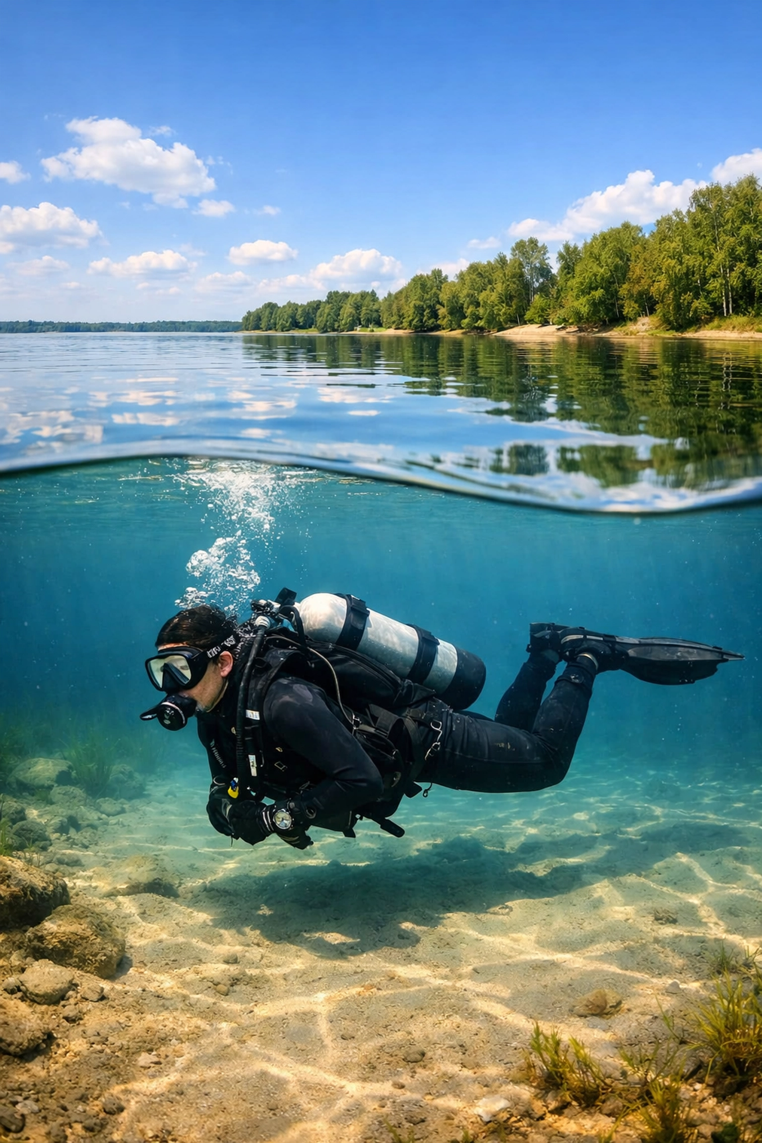Taucher übt Tarierung am Goitzschesee bei professioneller Tauchausbildung