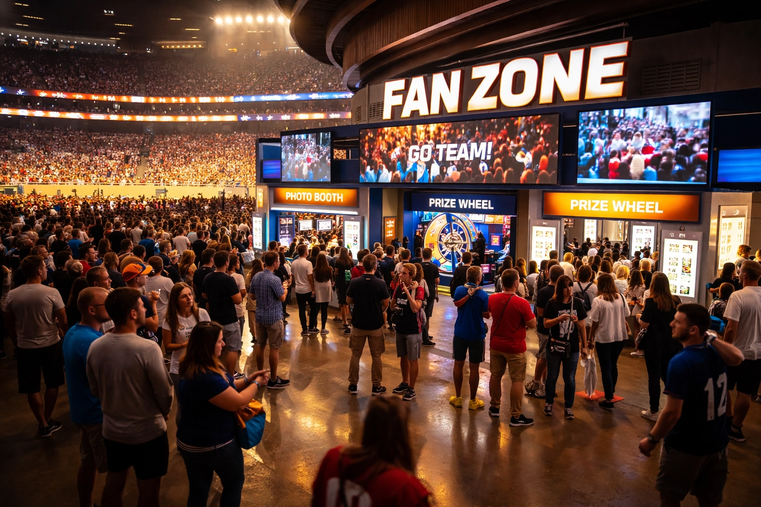 Fans engage with a branded interactive fan zone at a packed sports stadium, highlighting sponsorship activation in action.