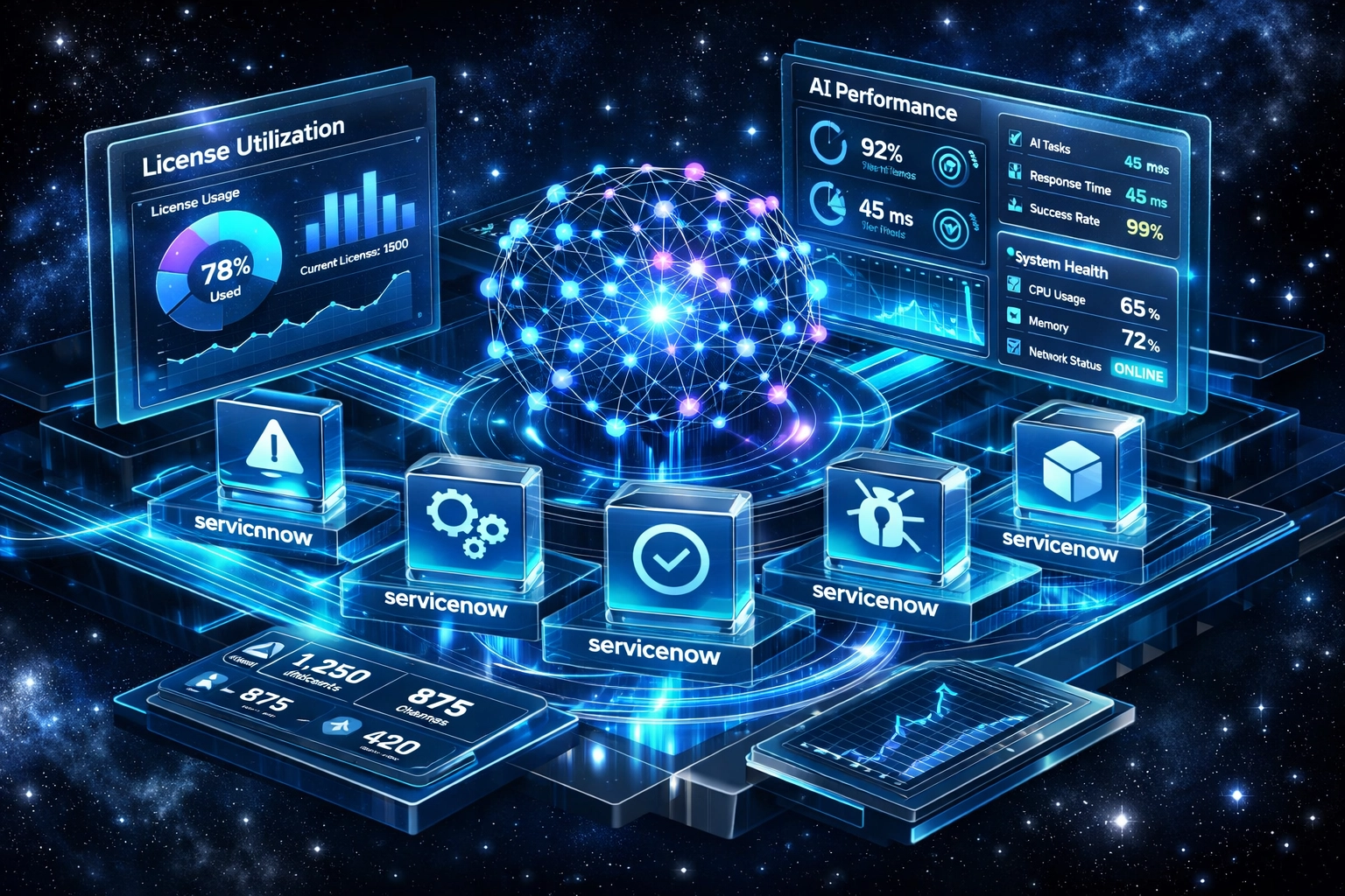 ServiceNow ITAM dashboard displaying AI-powered license utilization charts and real-time monitoring metrics