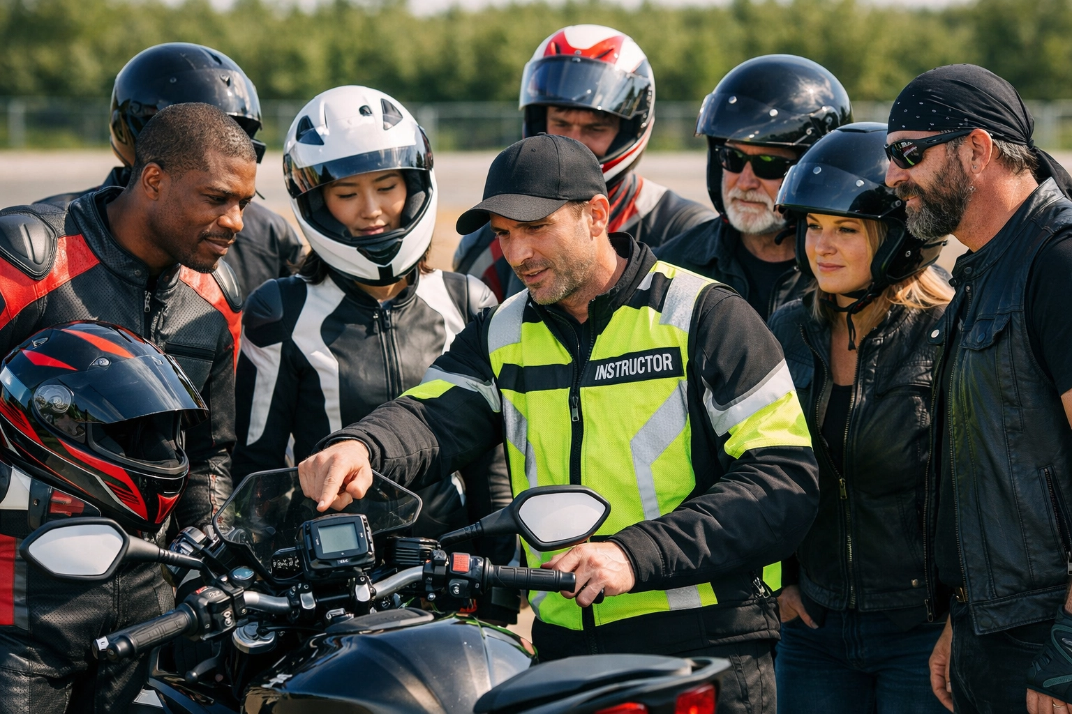 Diverse motorcyclists learning advanced safety techniques from an instructor at a Ride Fear Free training facility.