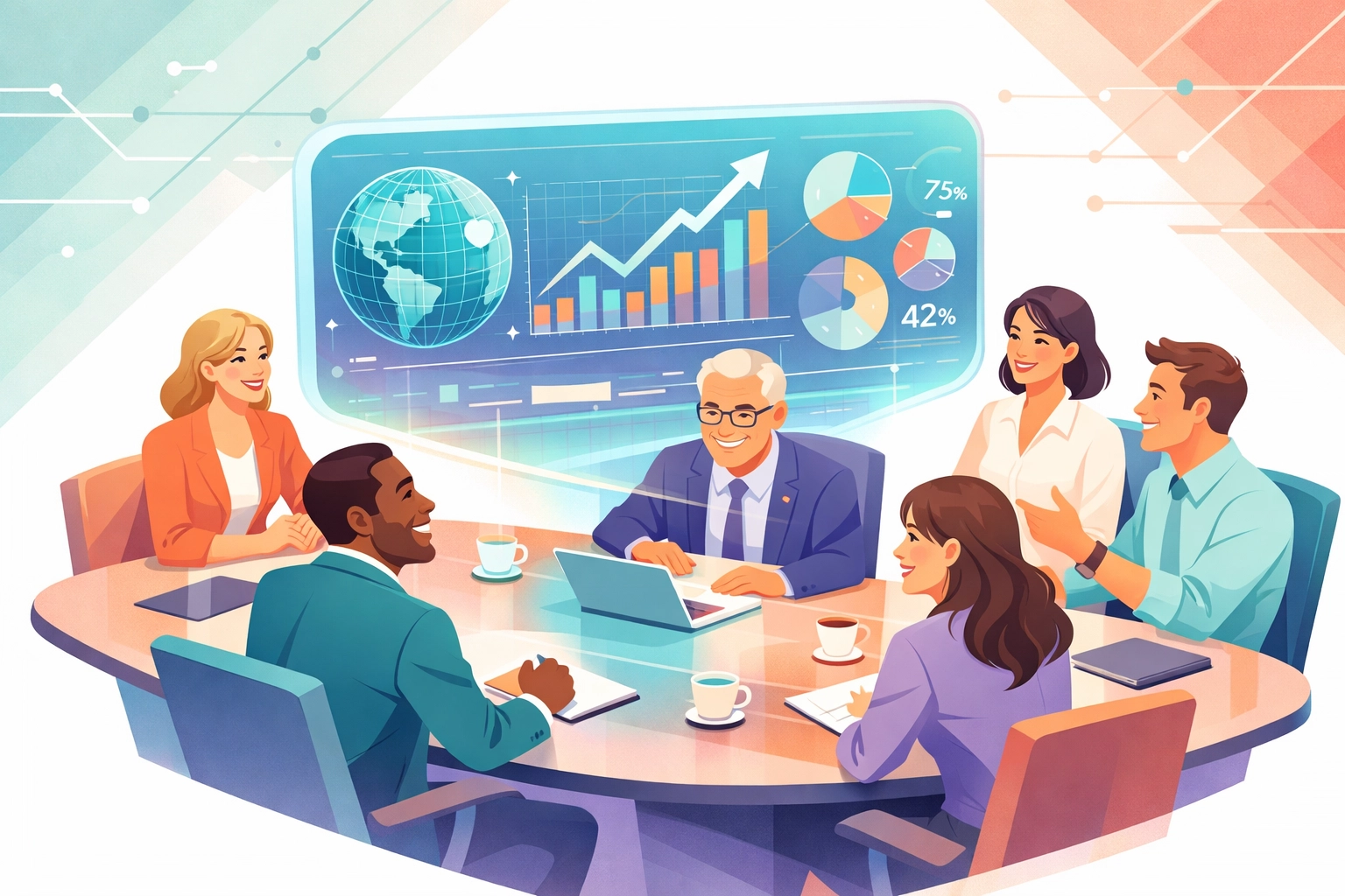 Business team collaborating around unified dashboard showing integrated project and customer data