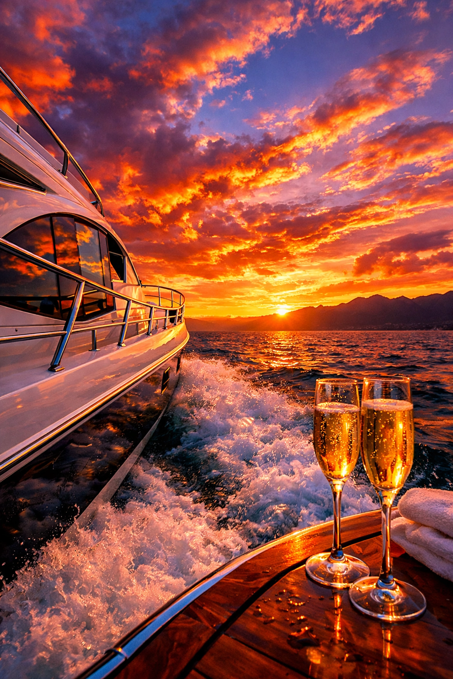 Private yacht sailing Banderas Bay at sunset in Puerto Vallarta