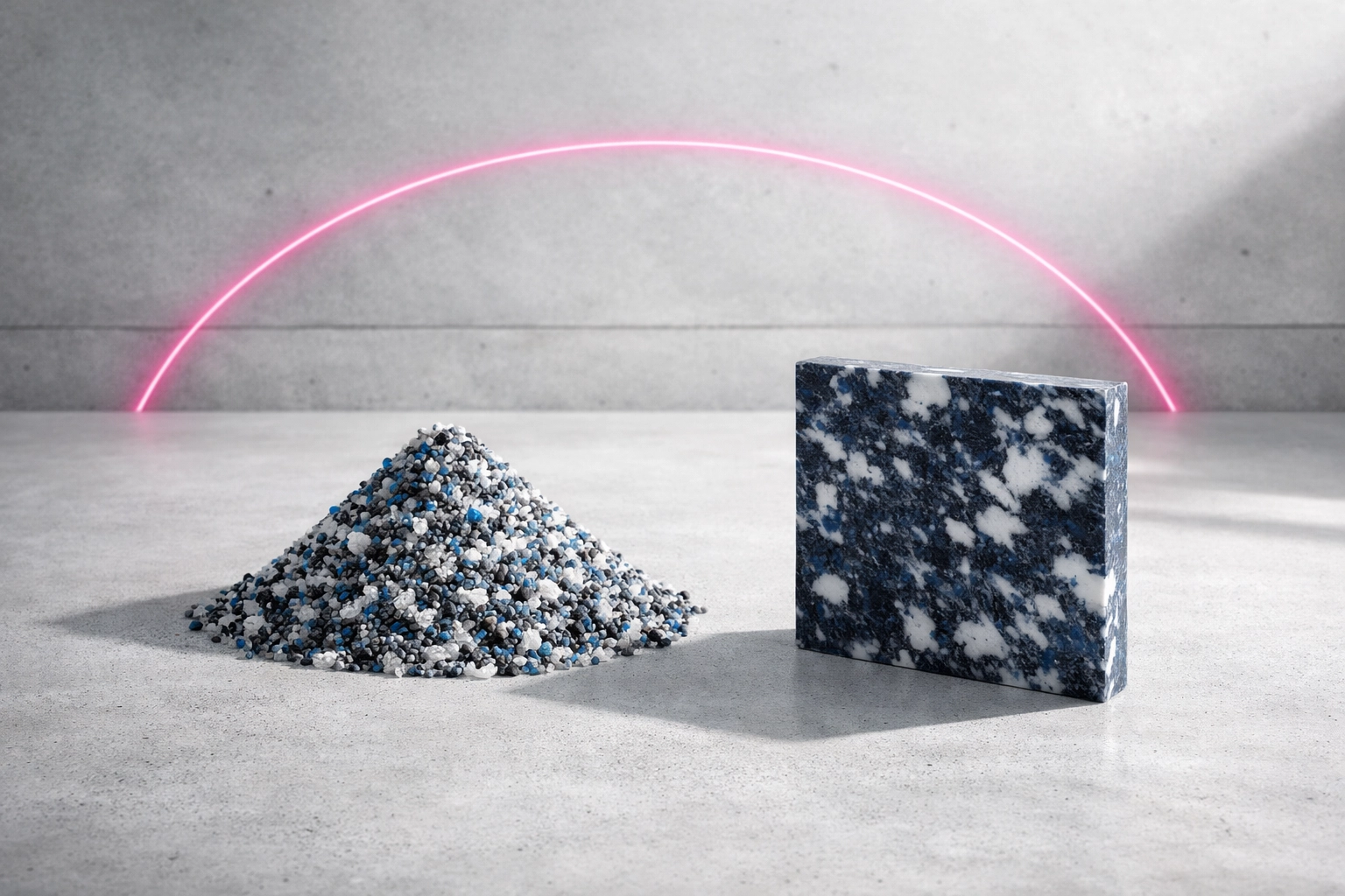 Recycled plastic granules and a marbled panel representing a circular economy for sustainable green audits.