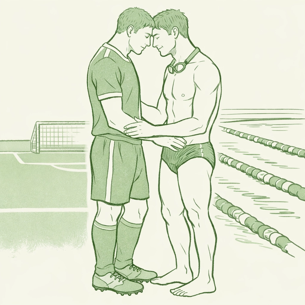 Footballer and swimmer in intimate embrace - MM sports romance emotional connection