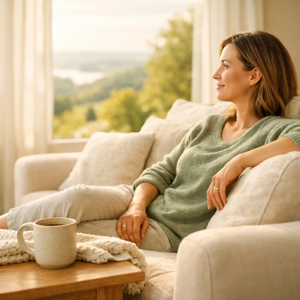 A relaxed woman in her Missouri home reflecting on the base compensation and support of her surrogacy journey.