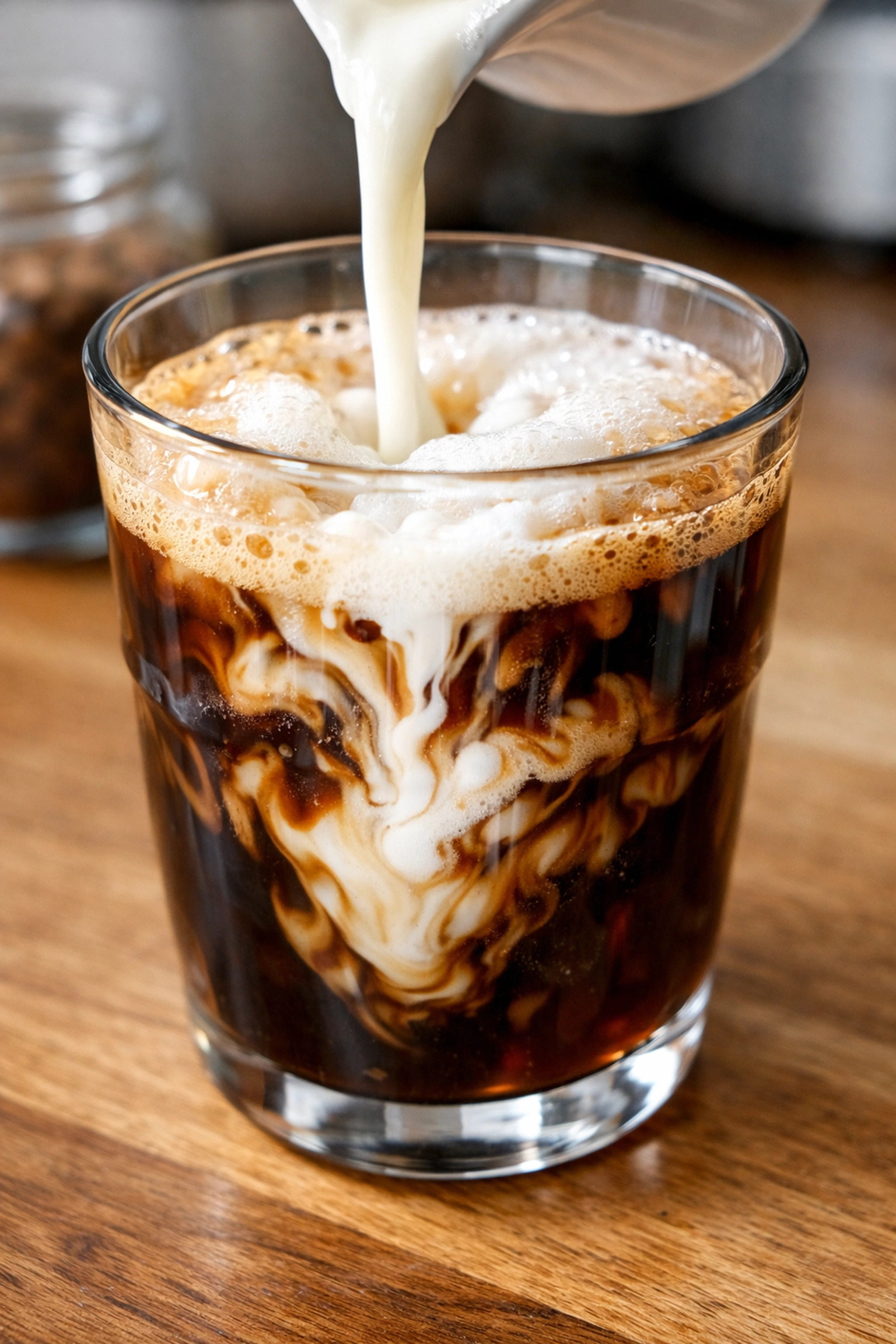 Pouring textured milk into coffee to create professional quality microfoam at home.