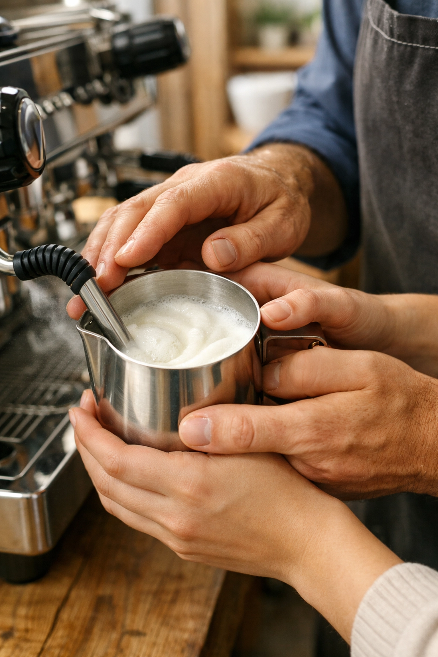 Professional barista training session showing a student learning how to steam milk for a coffee shop.