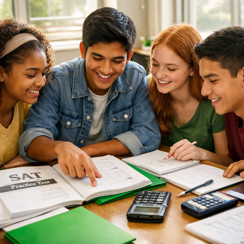 High school students collaborating on SAT math practice problems together