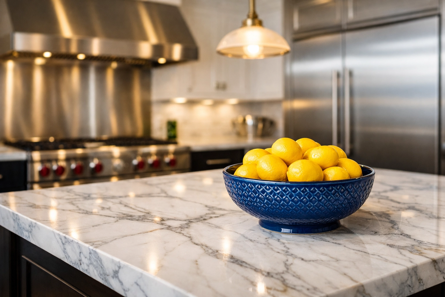 Streak-free marble countertops in a modern kitchen highlighting luxury residential cleaning in Shrewsbury standards.