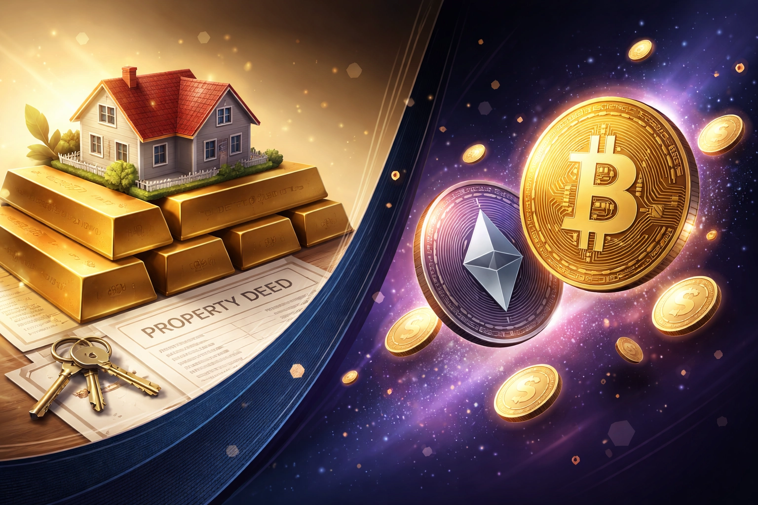 Split image showing gold bars and property deeds on one side and cryptocurrency coins on the other, illustrating portfolio diversification