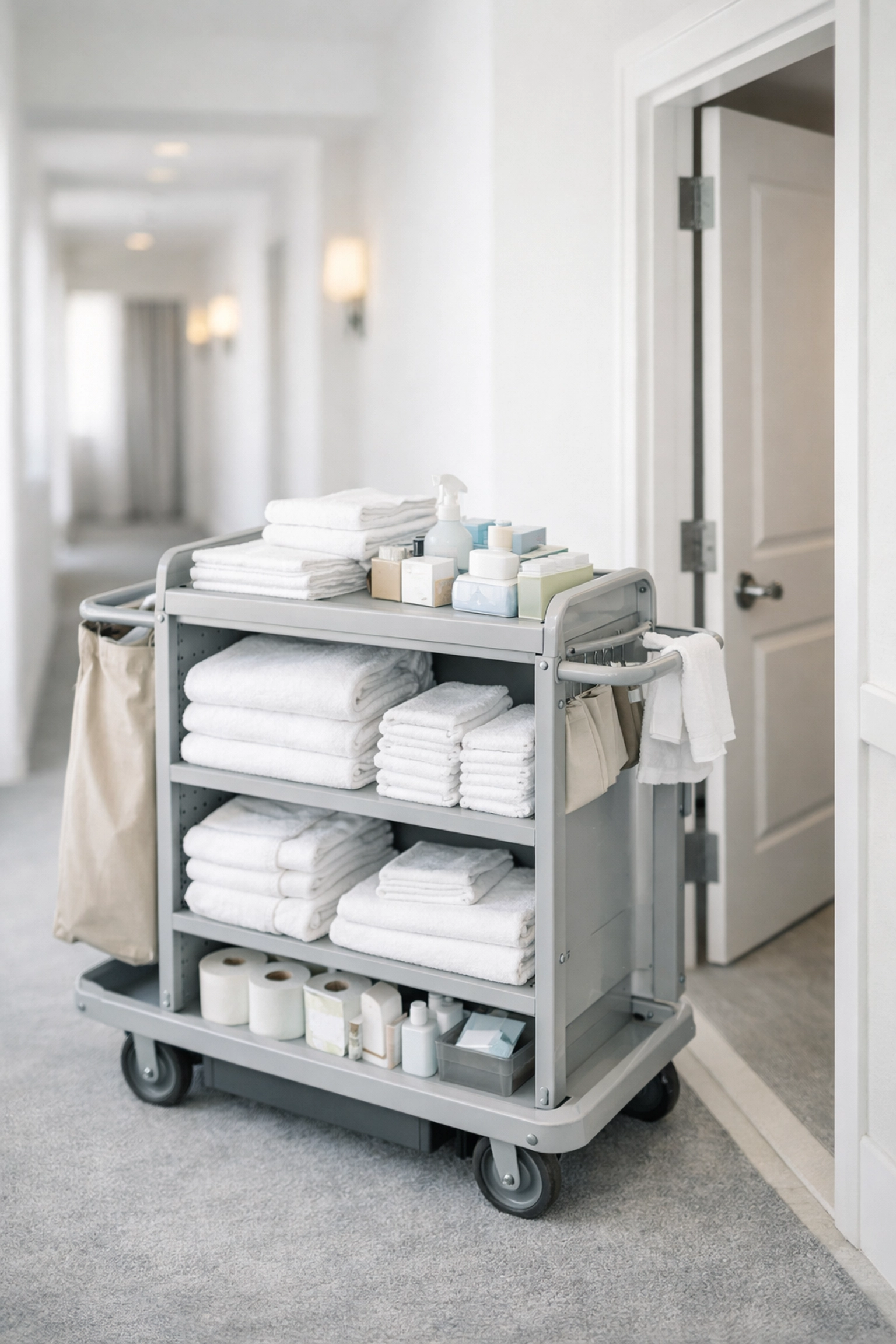 Hotel housekeeping cart with fresh linens in corridor for automated room management