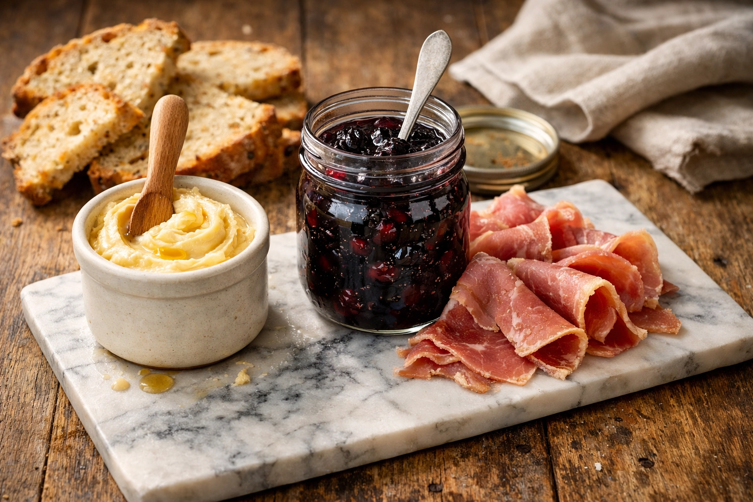 Irish soda bread spread with honey butter, country ham, and Pacific Northwest preserves.