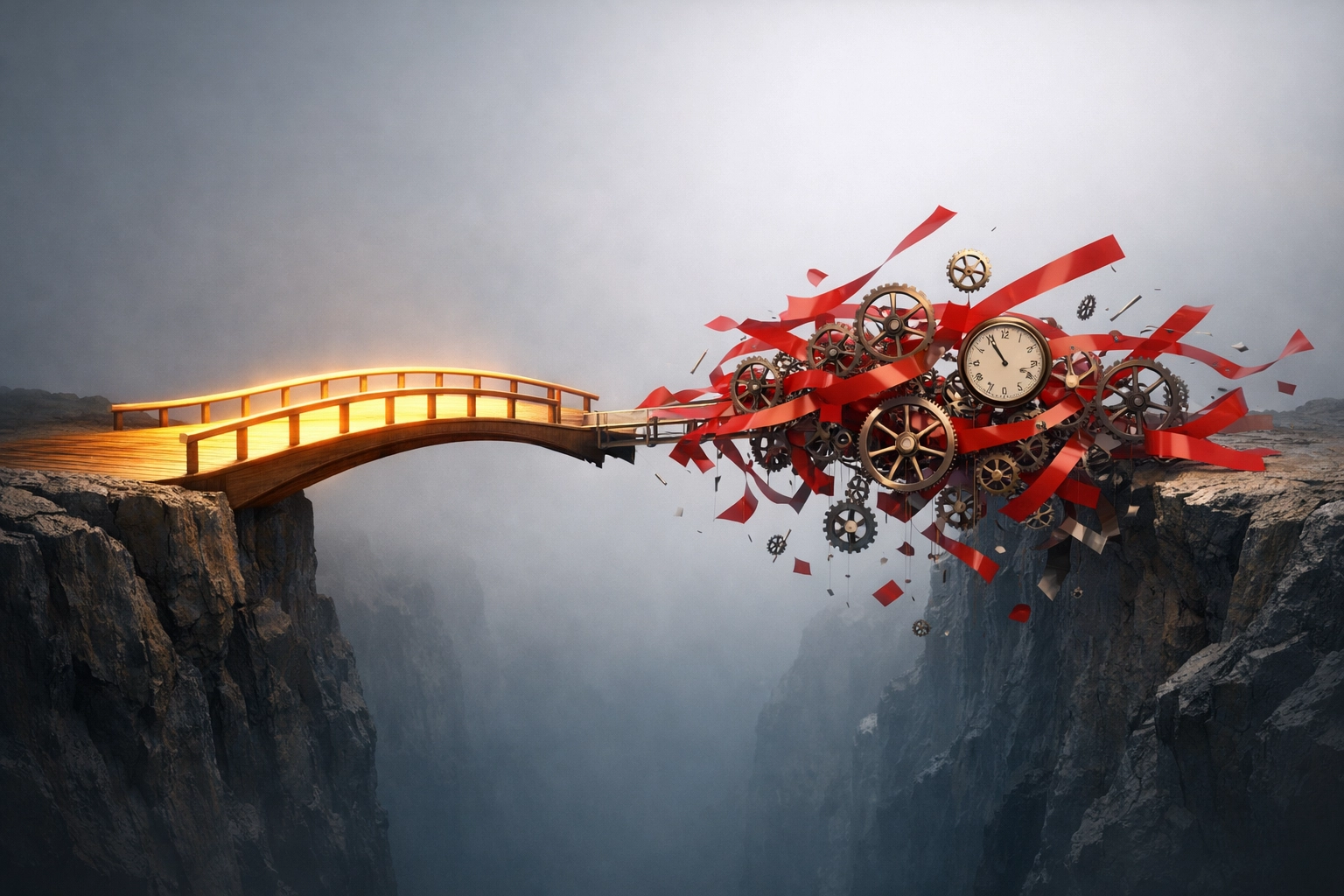 A bridge representing a disability insurance safety net, contrasting solid security with complex bureaucracy.