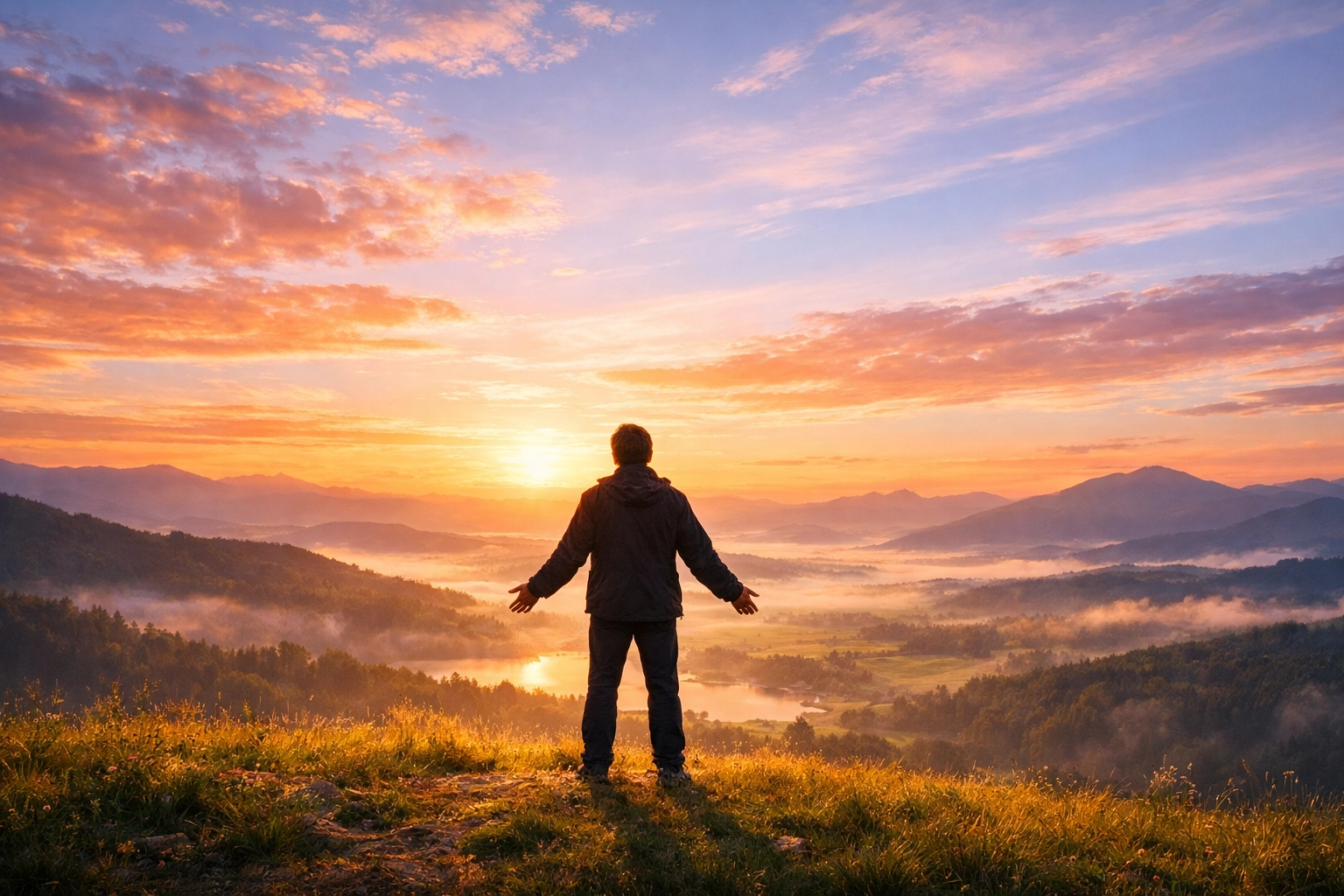 A person finds peace and Shalom standing on a hilltop at sunrise, resting in God’s boundless power and divine restoration.