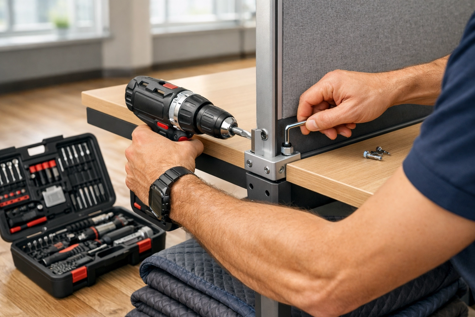 Professional commercial movers providing expert office furniture assembly and workstation setup.