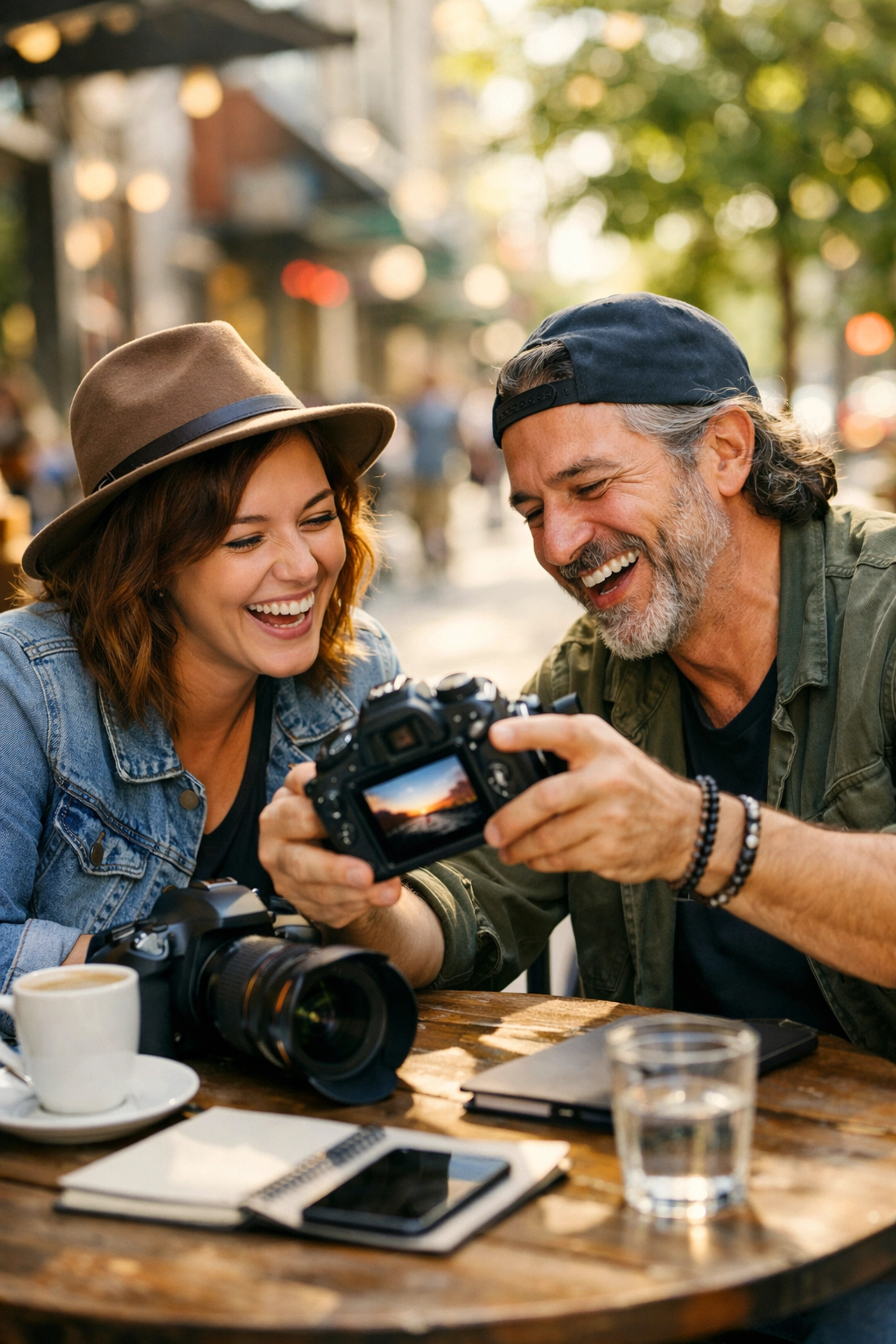 Two photographers networking at a cafe, building community and sharing creative photography work.
