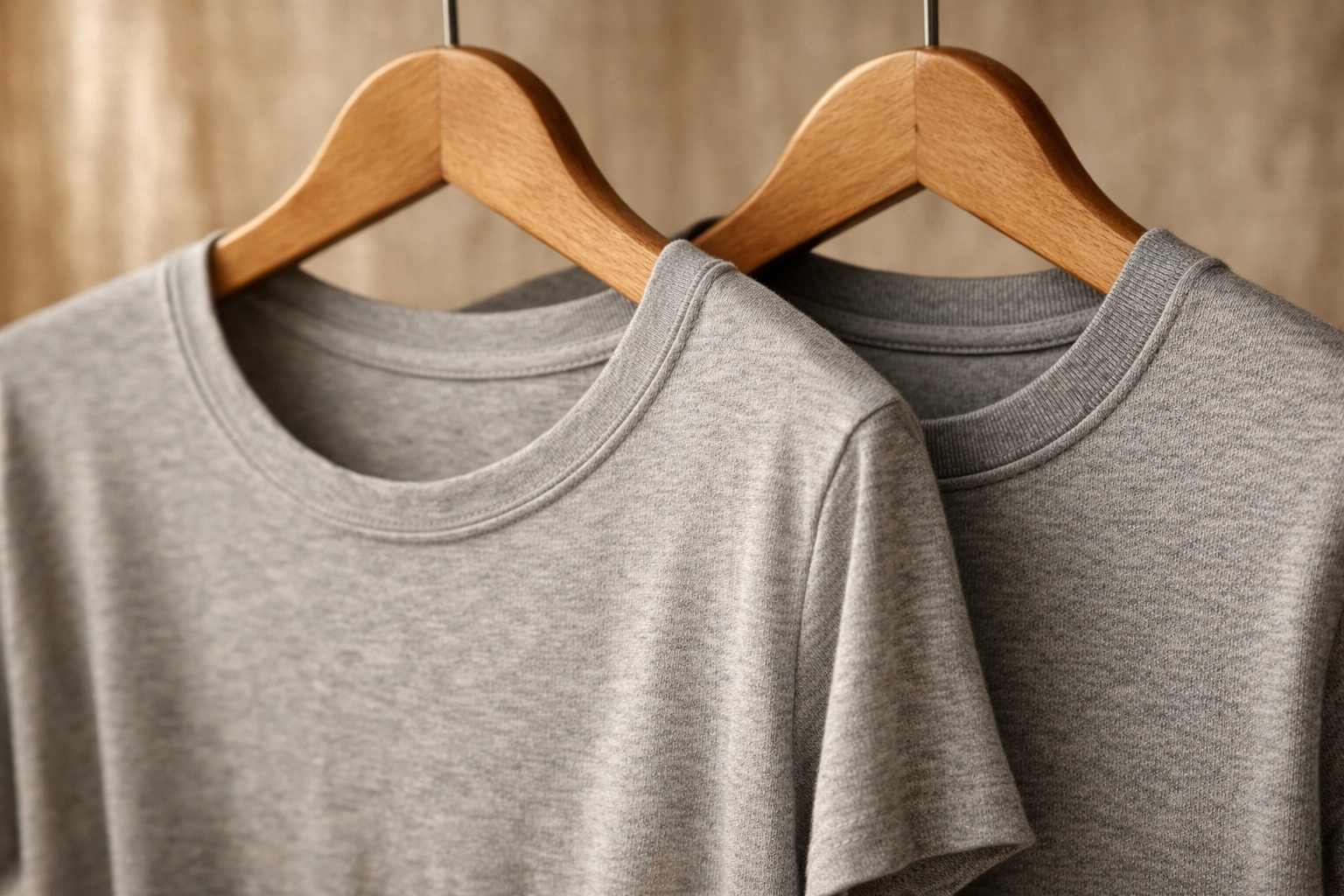 Two hanging t-shirts comparing midweight fabric structure and drape side by side