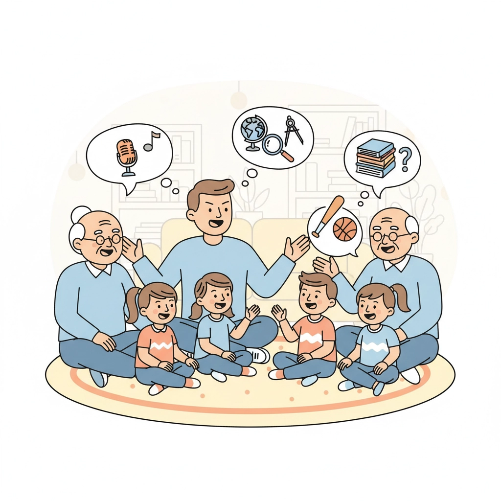 Cartoon drawing a family through the generations all playing an online quiz together while say on a rug in the living room.