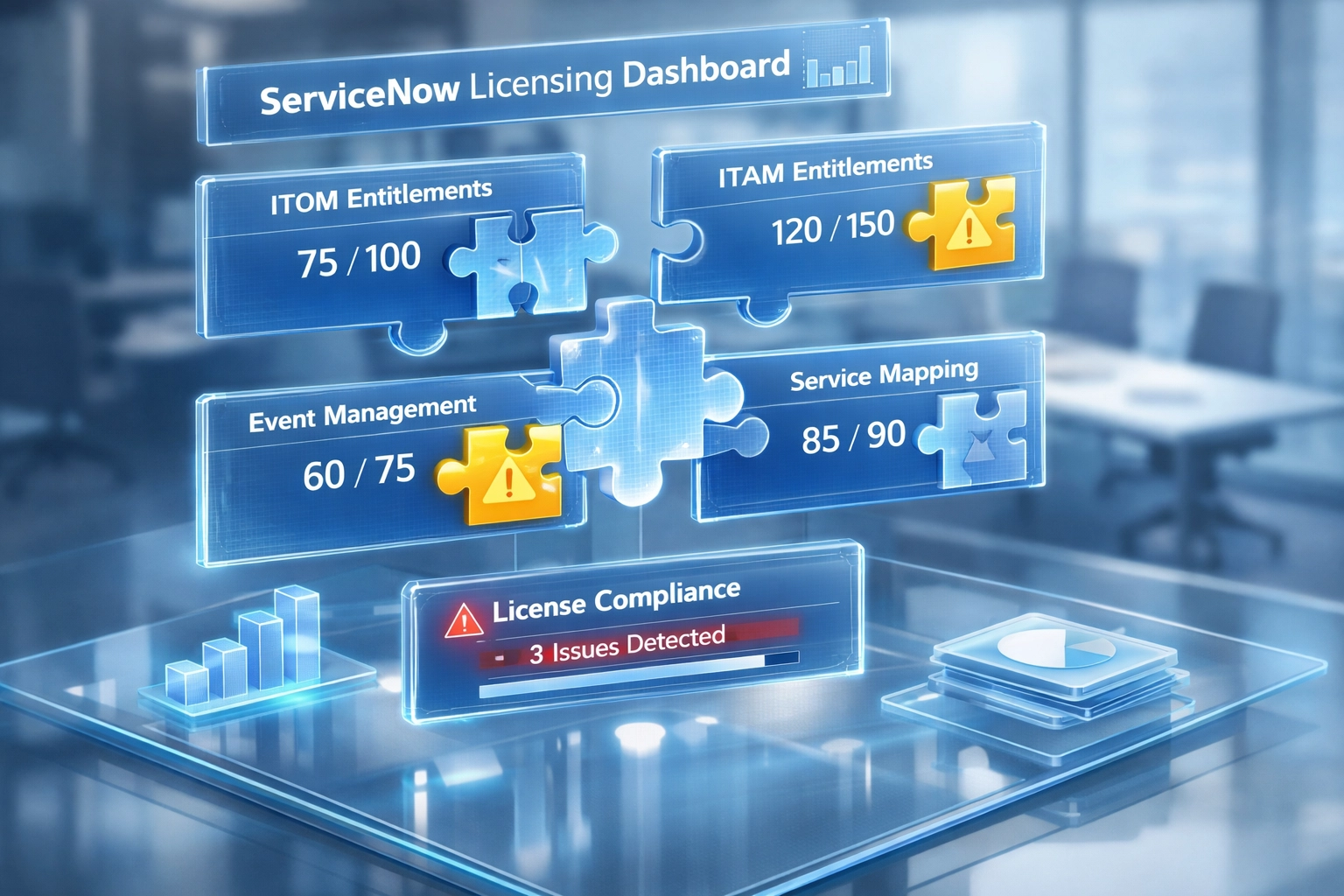 ServiceNow licensing modules dashboard showing ITOM, ITAM, and Event Management entitlements
