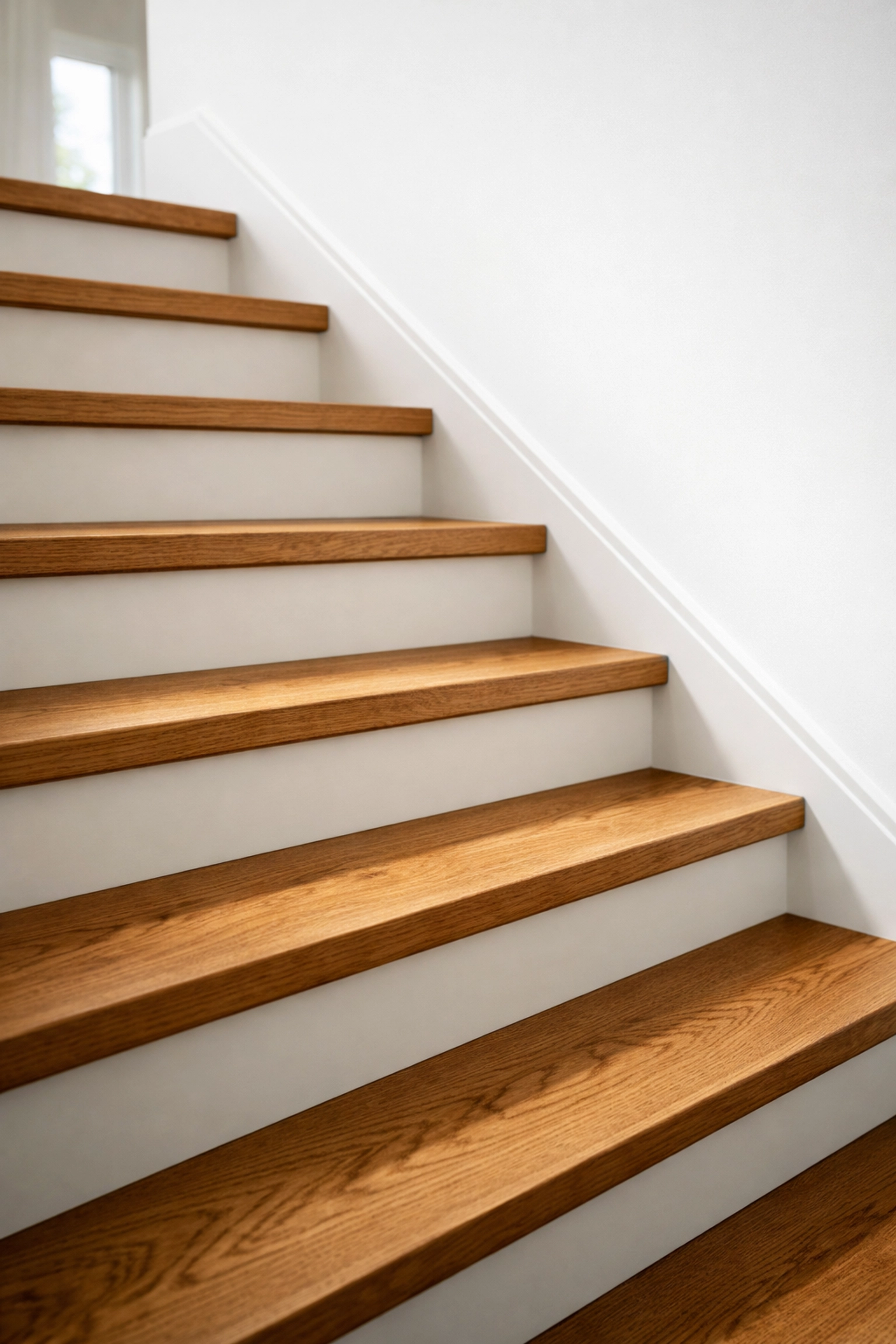 Side-view of safe residential wooden stairs showing proper riser and tread dimensions.